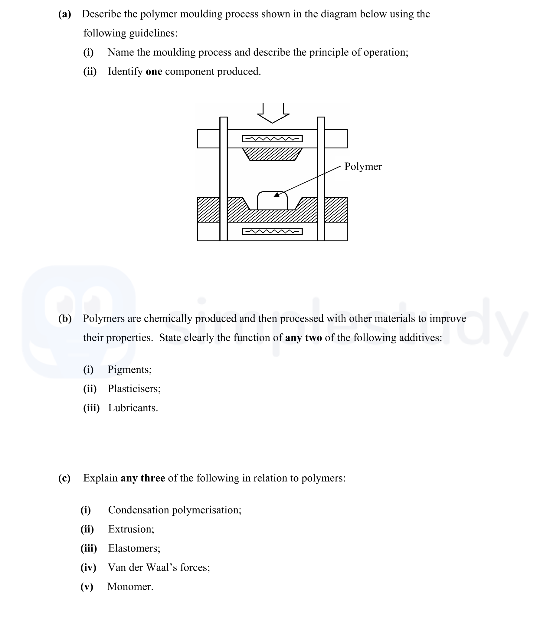 Describe-the-polymer-moulding-process-shown-in-the-diagram-below-using-the-following-guidelines:-(i)-Name-the-moulding-process-and-describe-the-principle-of-operation;-(ii)-Identify-one-component-produced-Leaving Cert Engineering-Question 6-2007.png