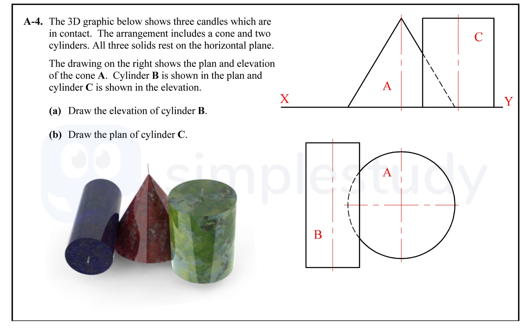The-3D-graphic-below-shows-three-candles-which-are-in-contact-Leaving Cert DCG-Question A-4-2011.png