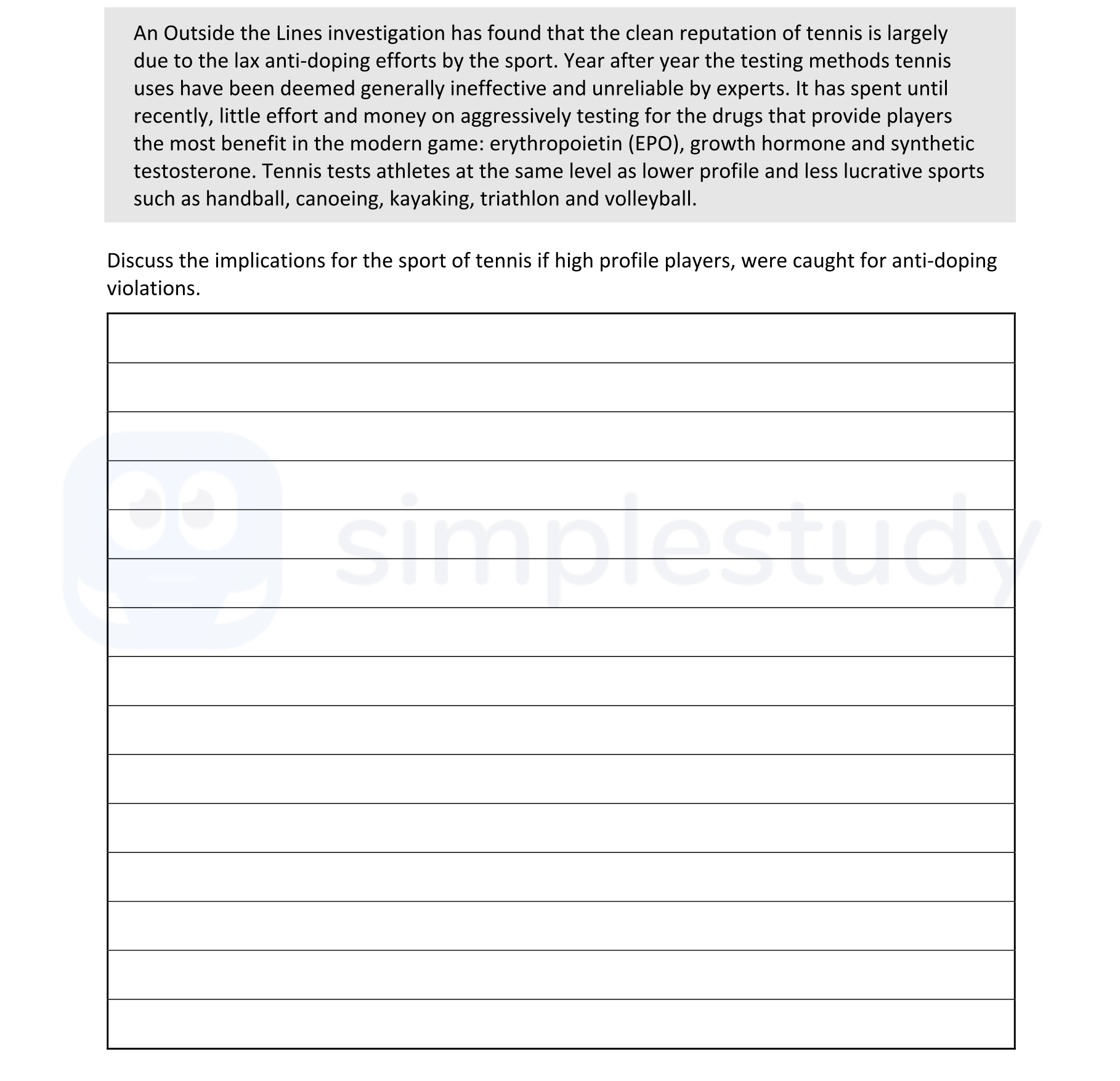 An-Outside-the-Lines-investigation-has-found-that-the-clean-reputation-of-tennis-is-largely-due-to-the-lax-anti-doping-efforts-by-the-sport-Leaving Cert Physical Education-Question Question 1-2020.png