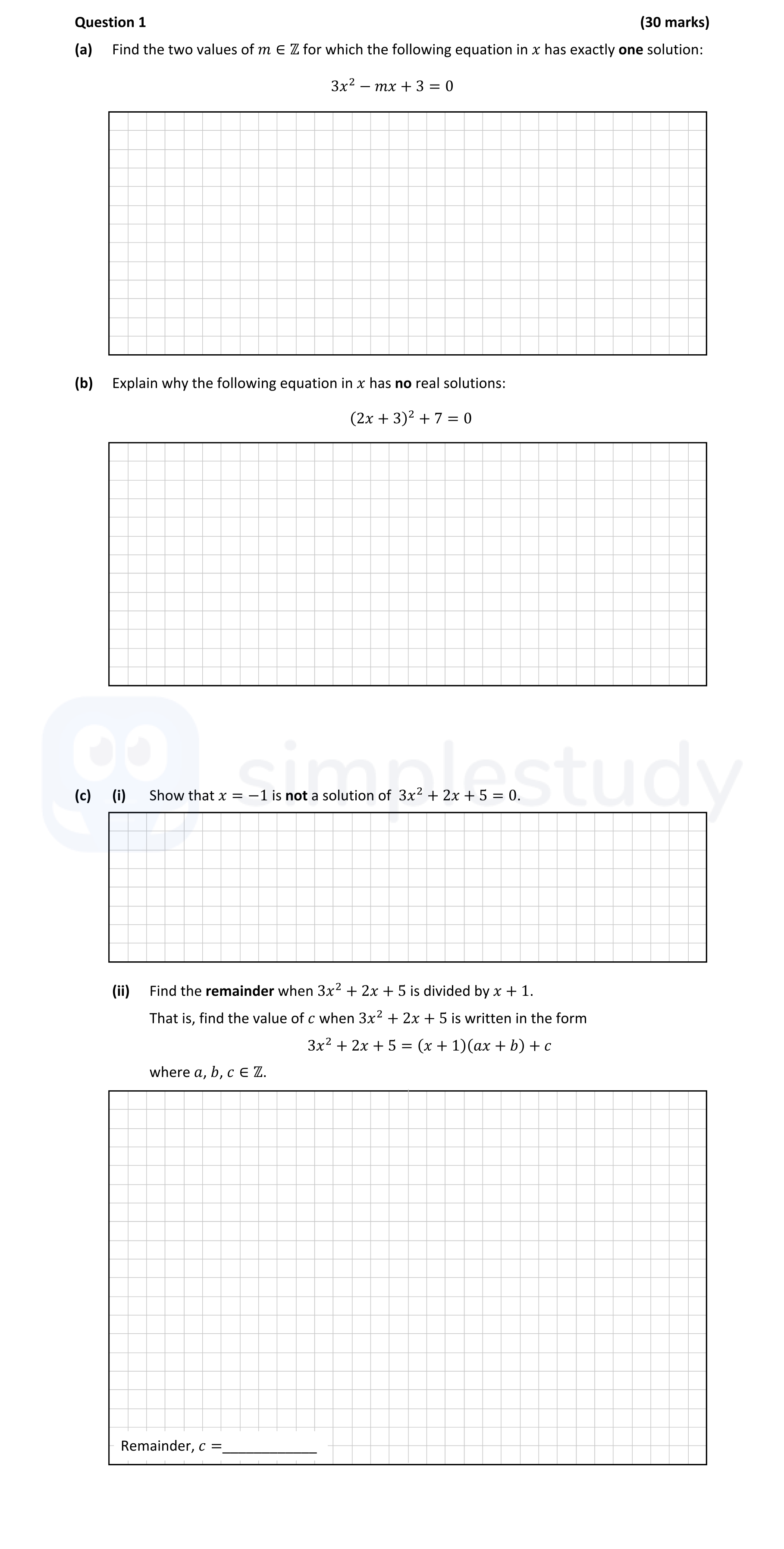 Find-the-two-values-of-m-∈-ℤ-for-which-the-following-equation-in-x-has-exactly-one-solution:--$$3x^2---mx-+-3-=-0$$--Explain-why-the-following-equation-in-x-has-no-real-solutions:--$$(2x-+-3)^2-+-7-=-0$$--Show-that-x-=--1-is-not-a-solution-of-$$3x^2-+-2x-+-5-=-0$$-Leaving Cert Mathematics-Question 1-2022.png