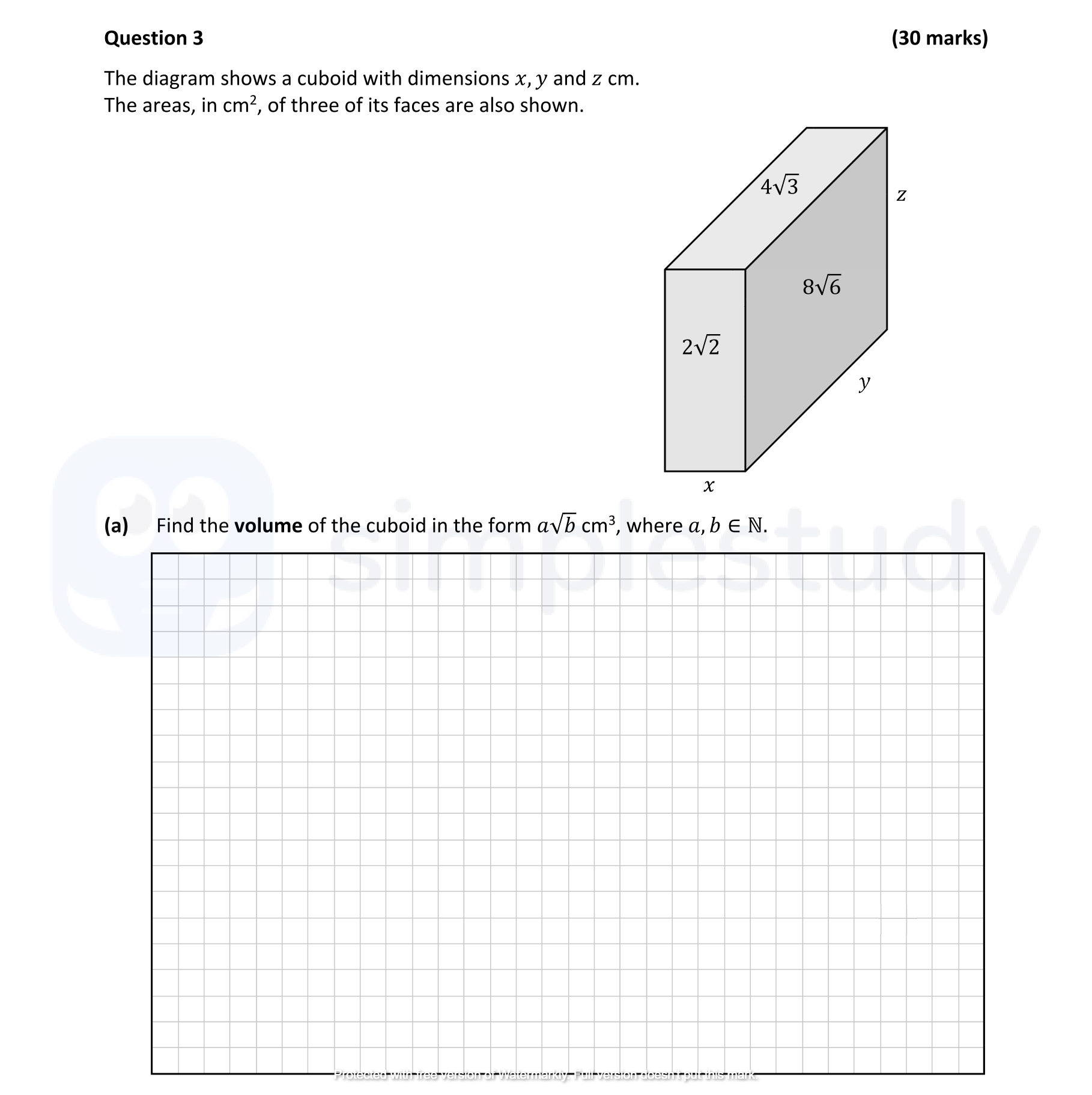 Find-the-volume-of-the-cuboid-in-the-form-$a\sqrt{b}-\text{-cm}^3$,-where-$a,-b-\in-\mathbb{N}$.-Leaving Cert Mathematics-Question 3(a)-2021.png