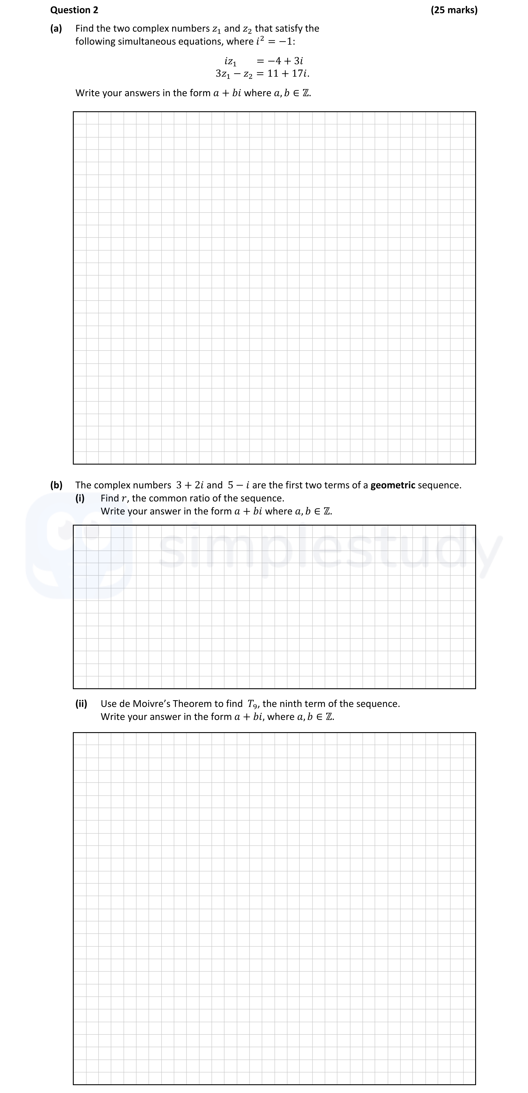 Find-the-two-complex-numbers-z₁-and-z₂-that-satisfy-the-following-simultaneous-equations,-where-i²-=-−1:--iz₁-=-−4-+-3i-3z₁-−-z₂-=-11-+-17i-Leaving Cert Mathematics-Question 2-2020.png