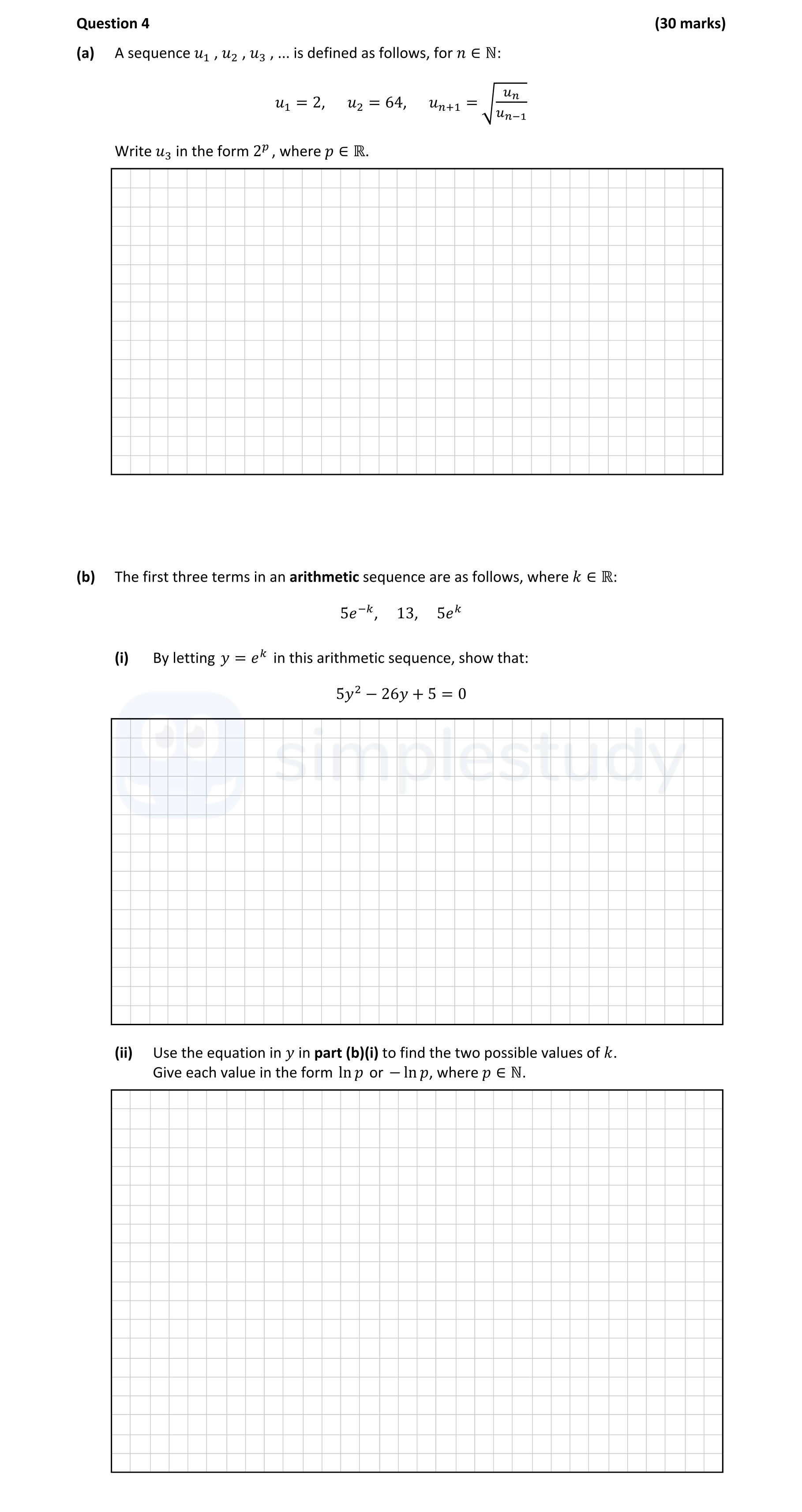 A-sequence-$u_1,-u_2,-u_3,-...$-is-defined-as-follows,-for-$n-\in-\mathbb{N}$:--$u_1-=-2$,---$u_2-=-64$,---$u_{n+1}-=-\frac{u_n}{u_{n-1}}$----Write-$u_3$-in-the-form-$2^p$,-where-$p-\in-\mathbb{R}$-Leaving Cert Mathematics-Question 4-2022.png