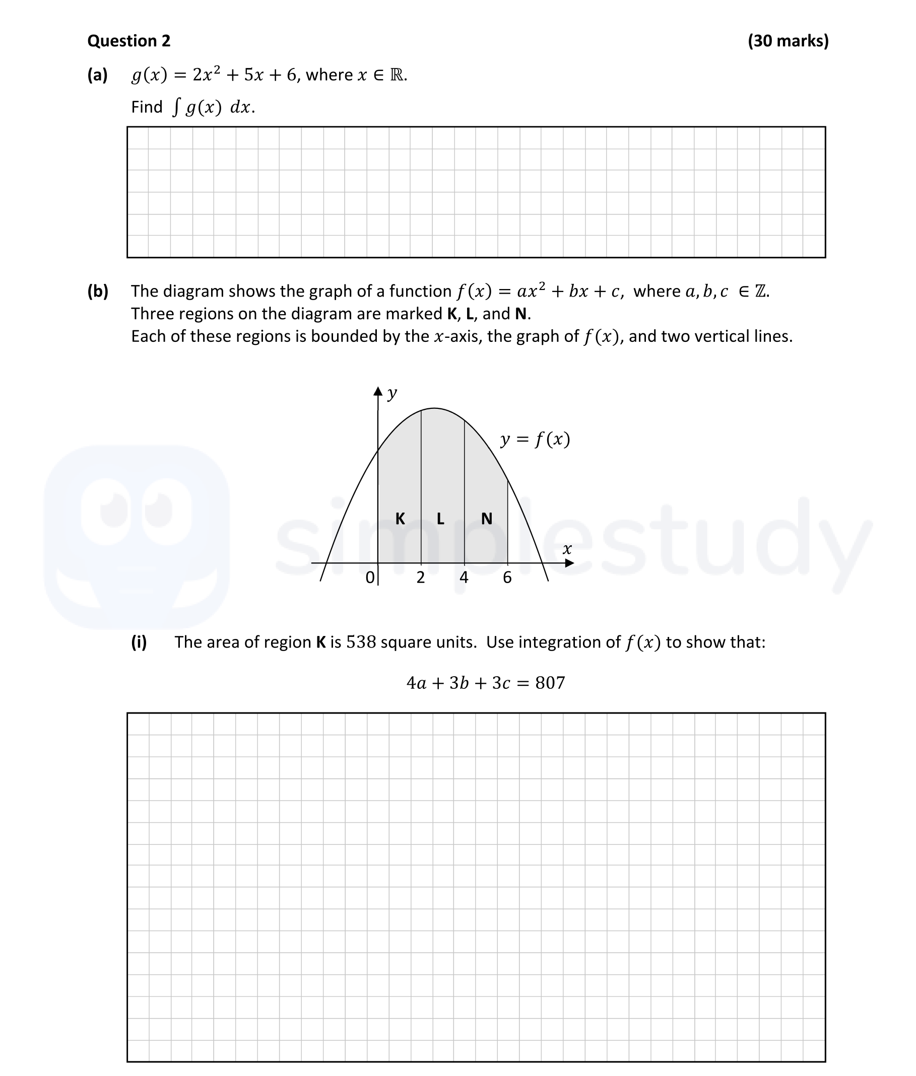 a)------g(x)-=-2x^2-+-5x-+-6,--ext{-where-}-x--ext{-}--ext{-in-}--ext{-R.}---Find-\int-g(x)-\,-dx-Leaving Cert Mathematics-Question 2-2022.png