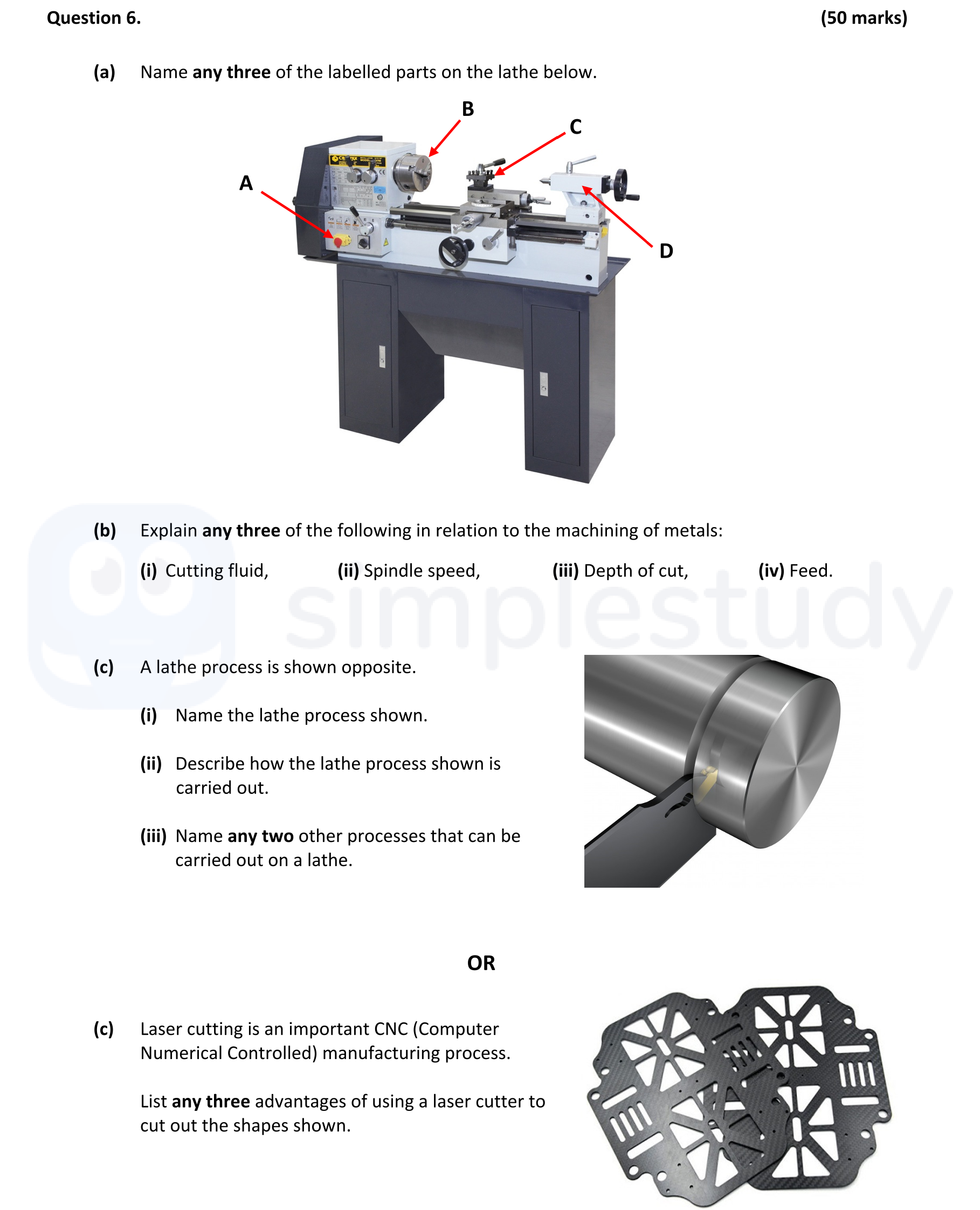 6.-(a)-Name-any-three-of-the-labelled-parts-on-the-lathe-below-Leaving Cert Engineering-Question 6-2022.png