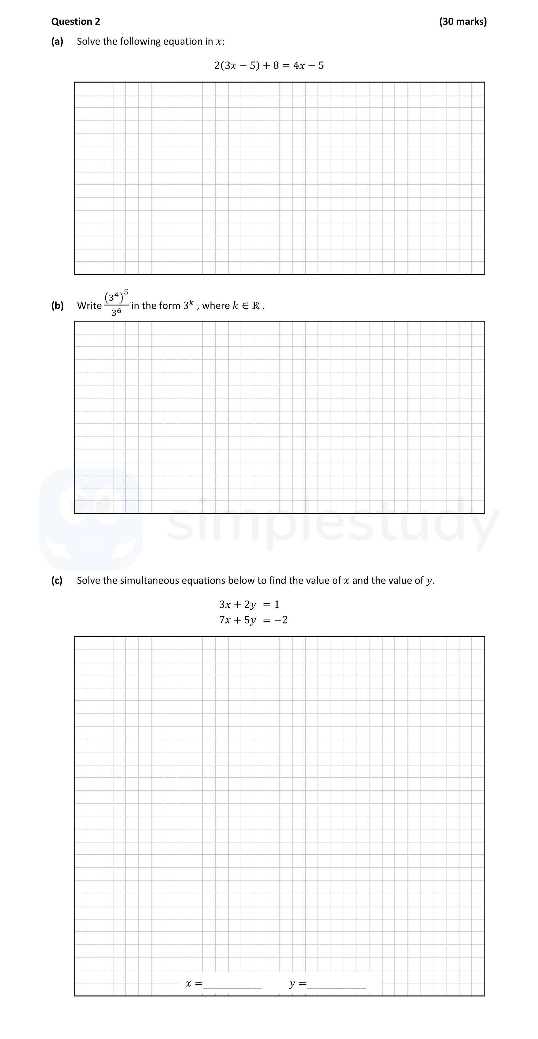 Solve-the-following-equation-in-x:--$$-2(3x---5)-+-8-=-4x---5-$$--Write-$$\frac{3^{5}}{3^{6}}$$-in-the-form-$$3^{k}$$,-where-$$k-\in-\mathbb{R}$$-Leaving Cert Mathematics-Question 2-2023.png