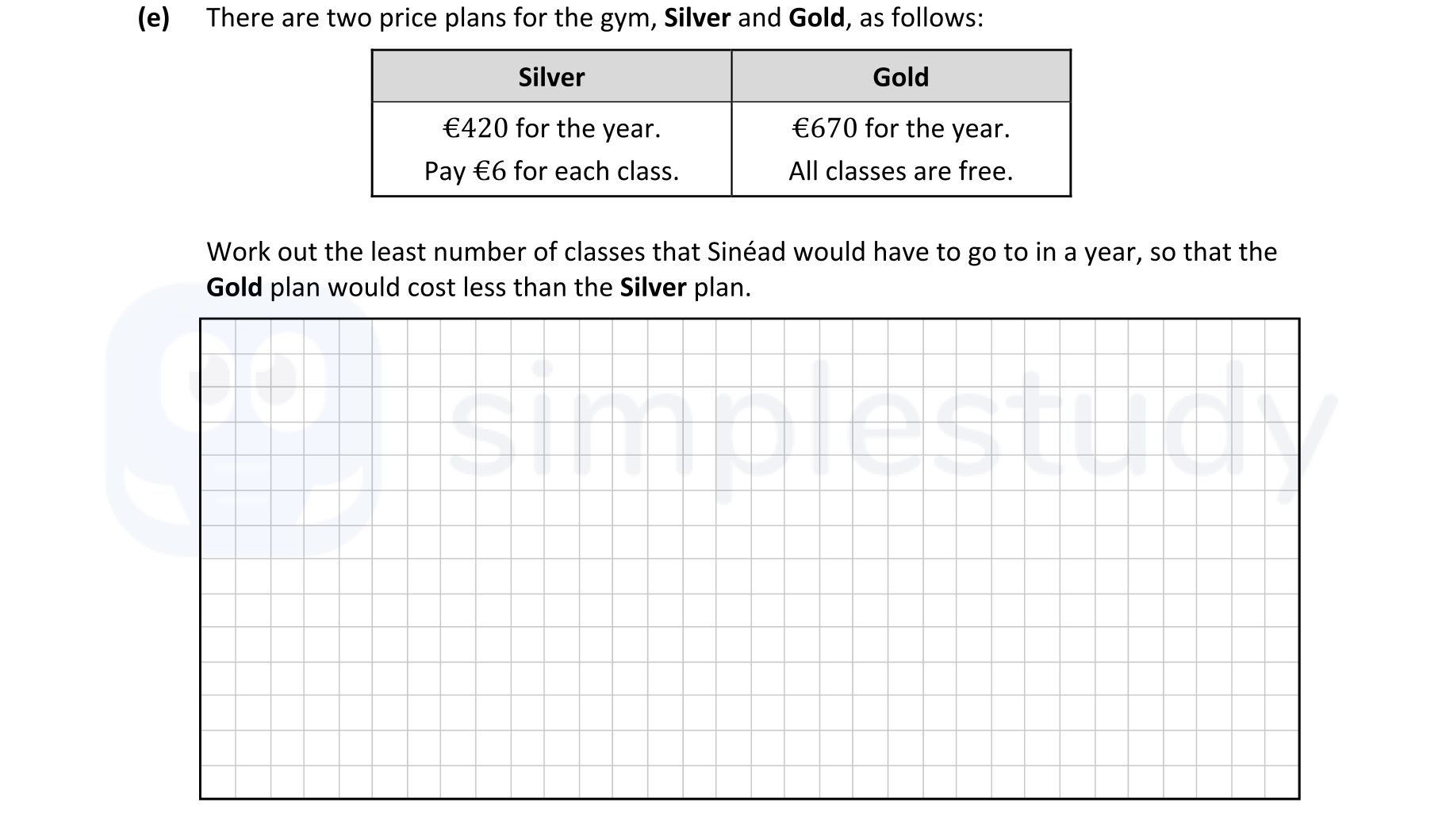 There-are-two-price-plans-for-the-gym,-Silver-and-Gold,-as-follows:--Silver--€420-for-the-year-Leaving Cert Mathematics-Question e-2022.png