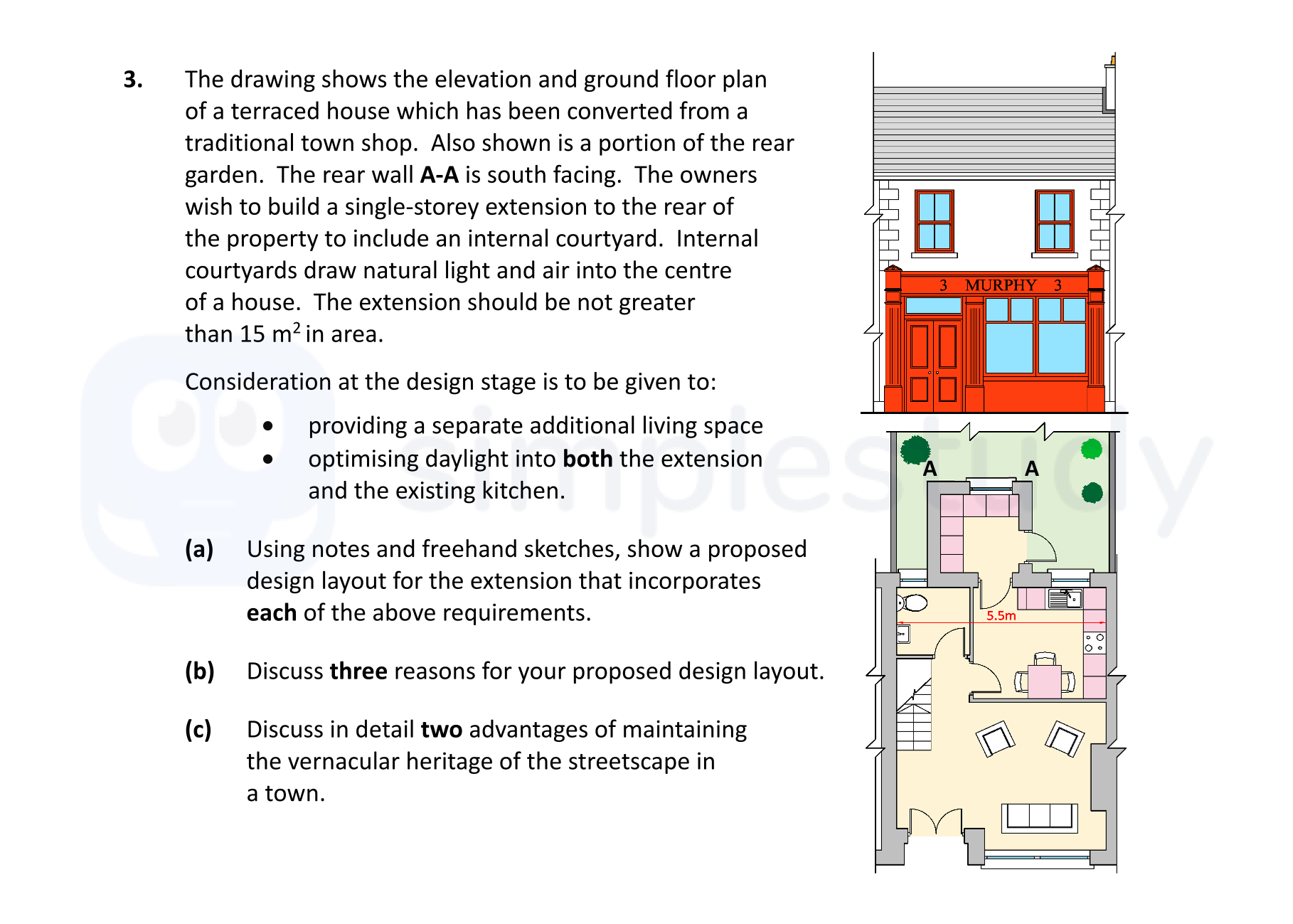 The-drawing-shows-the-elevation-and-ground-floor-plan-of-a-terraced-house-which-has-been-converted-from-a-traditional-town-shop-Leaving Cert Construction Studies-Question 3-2022.png