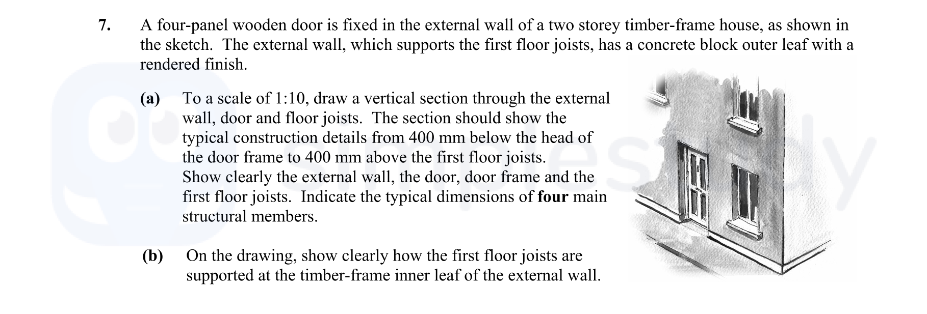 A-four-panel-wooden-door-is-fixed-in-the-external-wall-of-a-two-storey-timber-frame-house,-as-shown-in-the-sketch-Leaving Cert Construction Studies-Question 7-2007.png