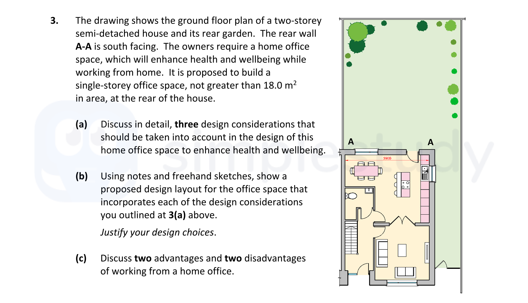 The-drawing-shows-the-ground-floor-plan-of-a-two-storey-semi-detached-house-and-its-rear-garden-Leaving Cert Construction Studies-Question 3-2021.png