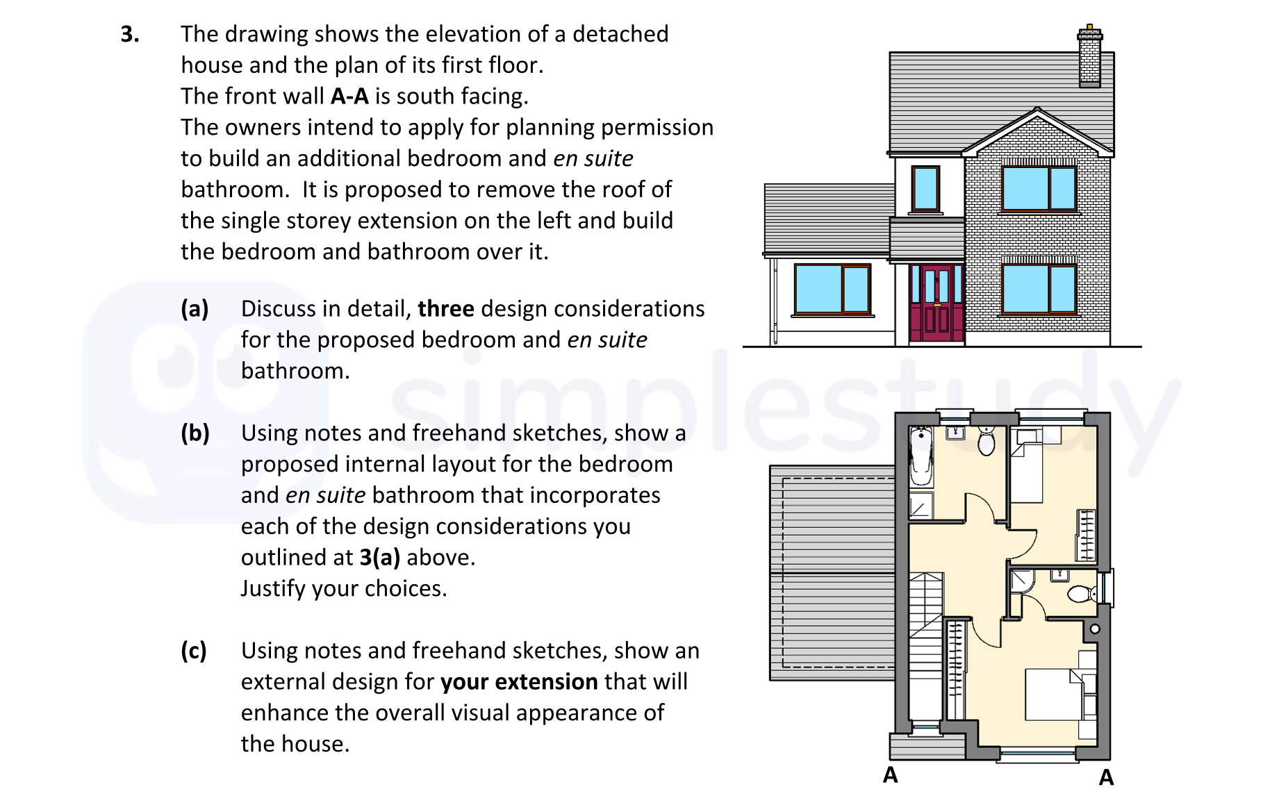 The-drawing-shows-the-elevation-of-a-detached-house-and-the-plan-of-its-first-floor-Leaving Cert Construction Studies-Question 3-2019.png