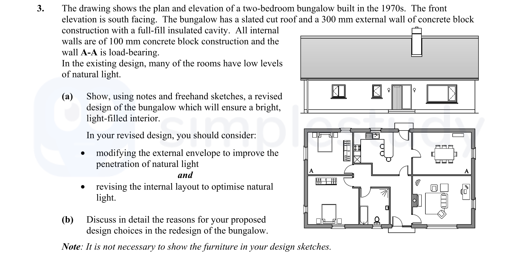 The-drawing-shows-the-plan-and-elevation-of-a-two-bedroom-bungalow-built-in-the-1970s-Leaving Cert Construction Studies-Question 3-2016.png