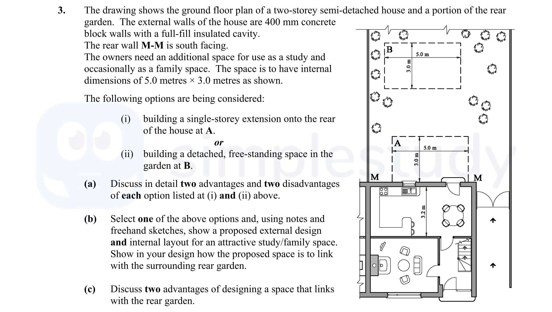 The-drawing-shows-the-ground-floor-plan-of-a-two-storey-semi-detached-house-and-a-portion-of-the-rear-garden-Leaving Cert Construction Studies-Question 3-2015.png