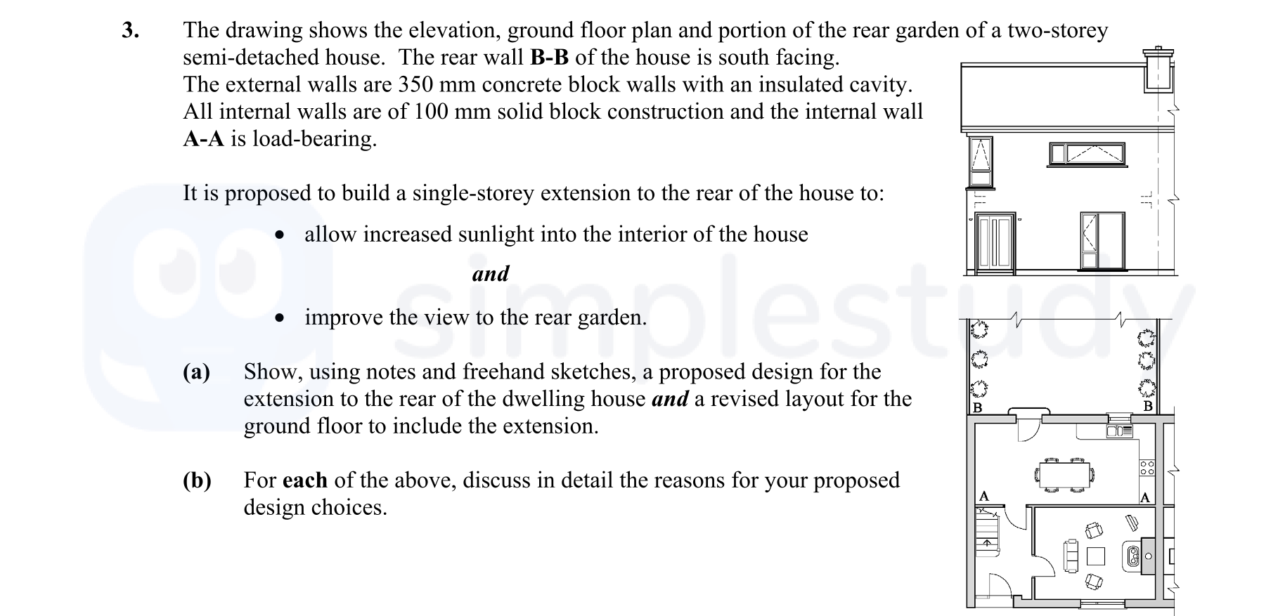 The-drawing-shows-the-elevation,-ground-floor-plan-and-portion-of-the-rear-garden-of-a-two-storey-semi-detached-house-Leaving Cert Construction Studies-Question 3-2013.png