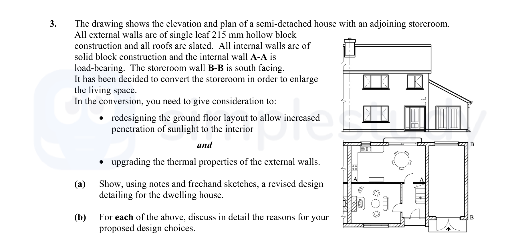 The-drawing-shows-the-elevation-and-plan-of-a-semi-detached-house-with-an-adjoining-storeroom-Leaving Cert Construction Studies-Question 3-2012.png