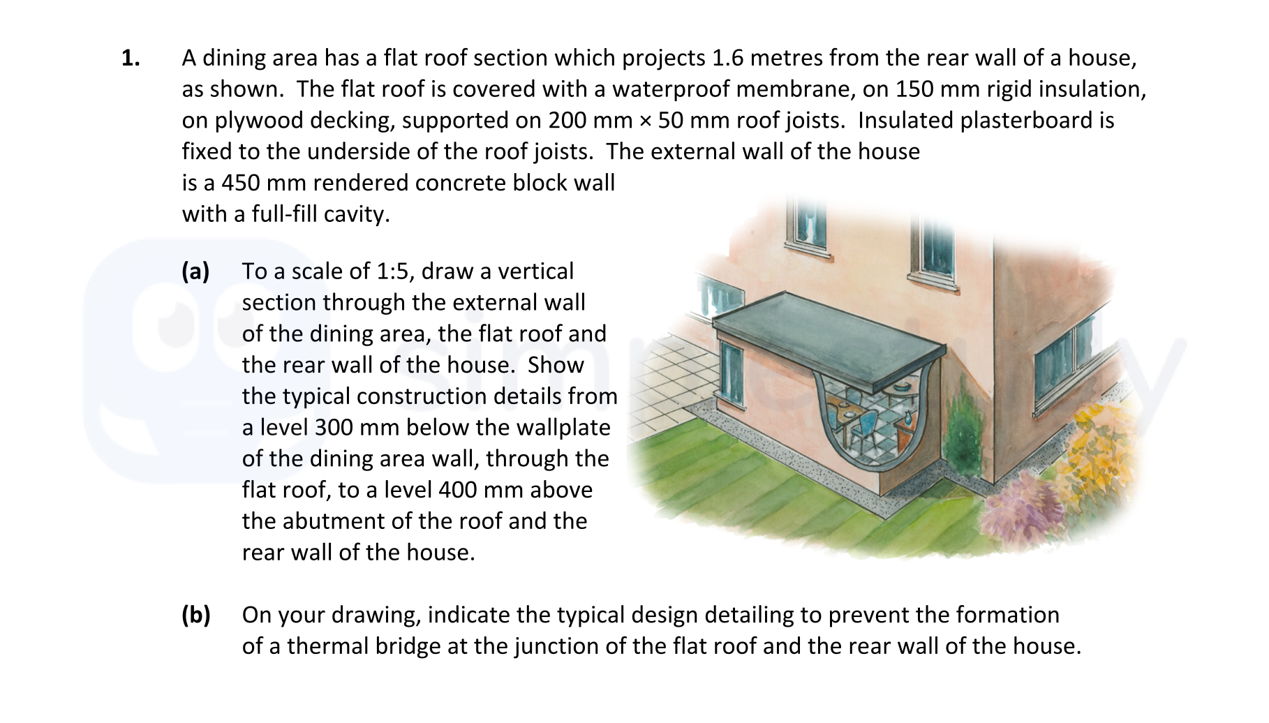 A-dining-area-has-a-flat-roof-section-which-projects-1.6-metres-from-the-rear-wall-of-a-house,-as-shown-Leaving Cert Construction Studies-Question 1-2022.png