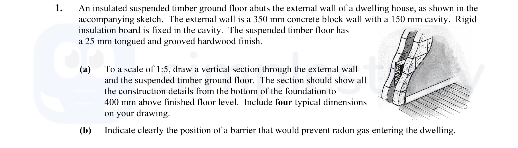 An-insulated-suspended-timber-ground-floor-abuts-the-external-wall-of-a-dwelling-house,-as-shown-in-the-accompanying-sketch-Leaving Cert Construction Studies-Question 1-2009.png