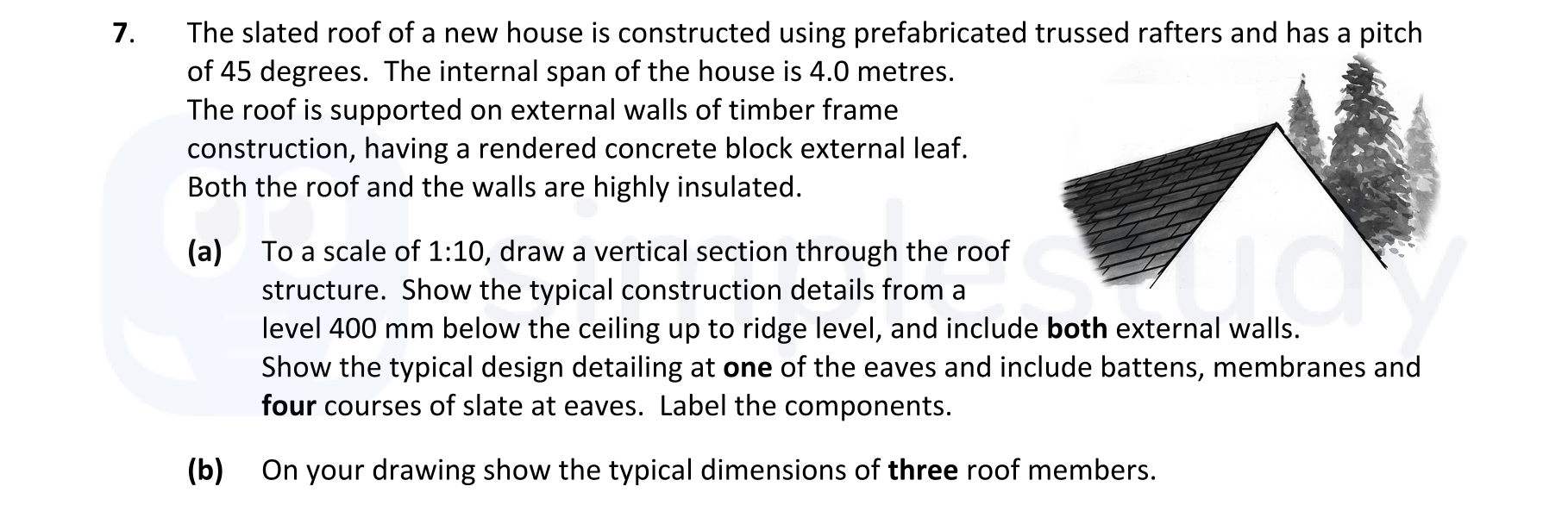 The-slated-roof-of-a-new-house-is-constructed-using-prefabricated-trussed-rafters-and-has-a-pitch-of-45-degrees-Leaving Cert Construction Studies-Question 7-2017.png