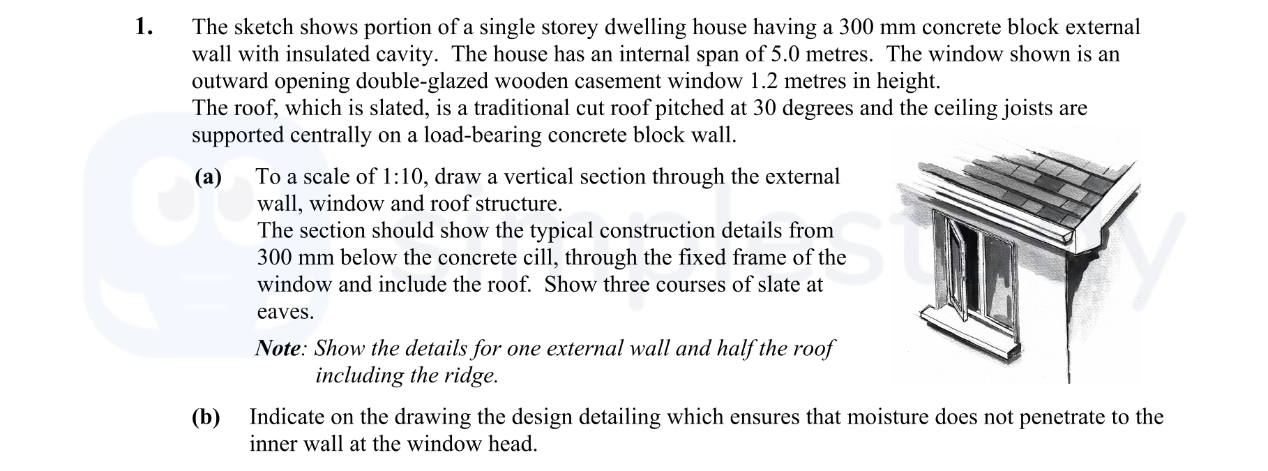 The-sketch-shows-portion-of-a-single-storey-dwelling-house-having-a-300-mm-concrete-block-external-wall-with-insulated-cavity-Leaving Cert Construction Studies-Question 1-2007.png