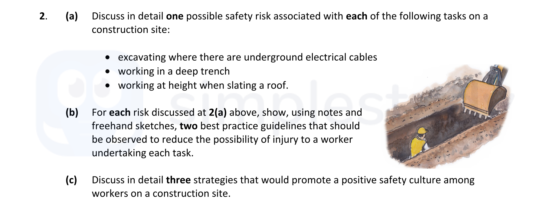 Discuss-in-detail-one-possible-safety-risk-associated-with-each-of-the-following-tasks-on-a-construction-site:----excavating-where-there-are-underground-electrical-cables---working-in-a-deep-trench---working-at-height-when-slating-a-roof-Leaving Cert Construction Studies-Question 2-2018.png