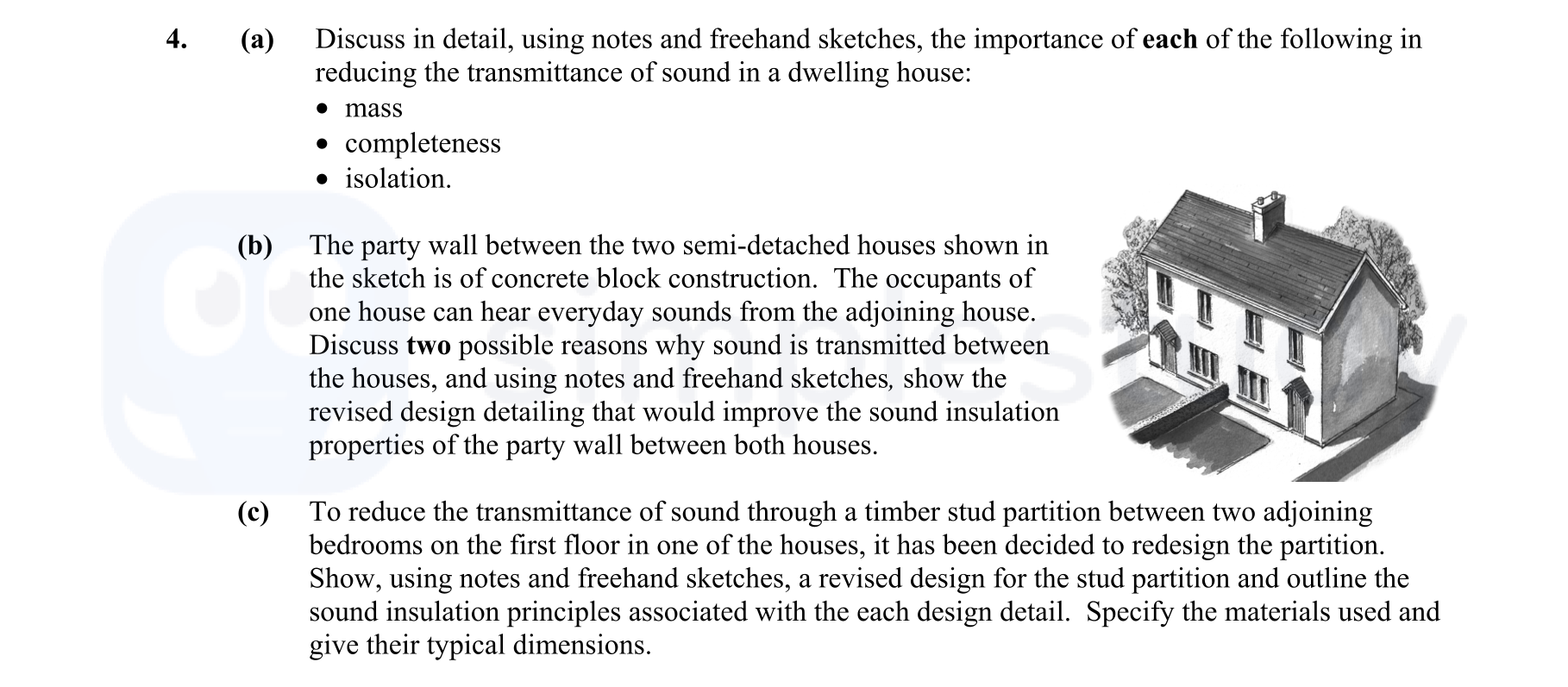 4.-(a)-Discuss-in-detail,-using-notes-and-freehand-sketches,-the-importance-of-each-of-the-following-in-reducing-the-transmittance-of-sound-in-a-dwelling-house:----mass---completeness---isolation-Leaving Cert Construction Studies-Question 4-2011.png