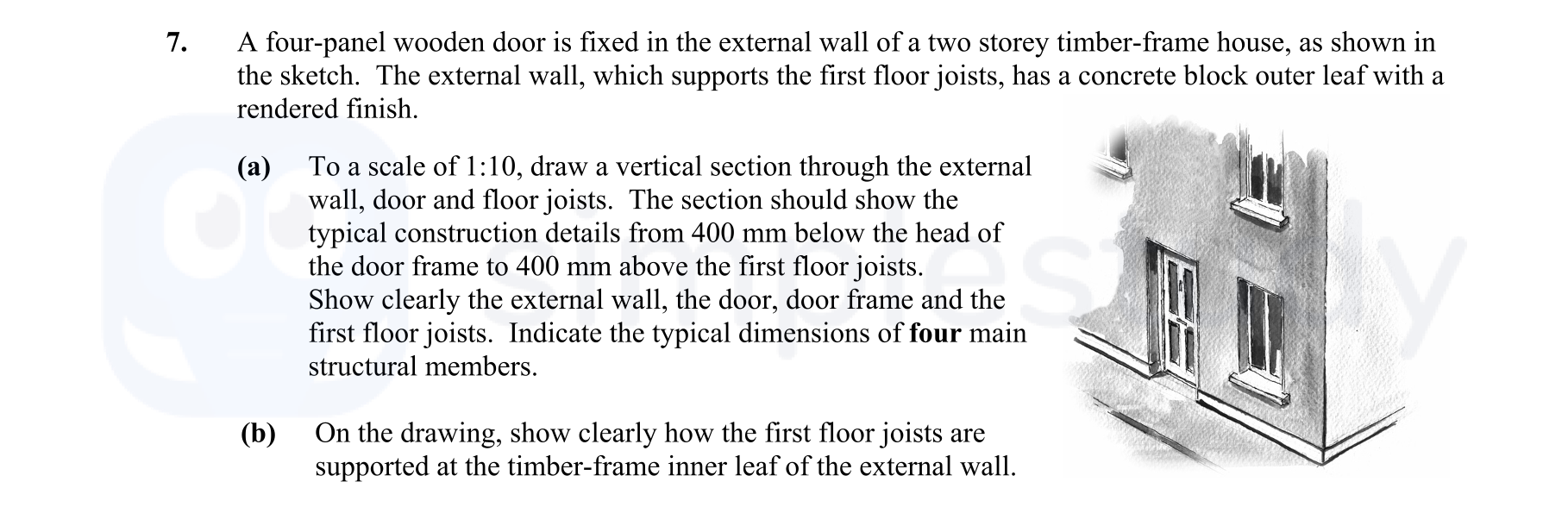 A-four-panel-wooden-door-is-fixed-in-the-external-wall-of-a-two-storey-timber-frame-house,-as-shown-in-the-sketch-Leaving Cert Construction Studies-Question 7-2007.png