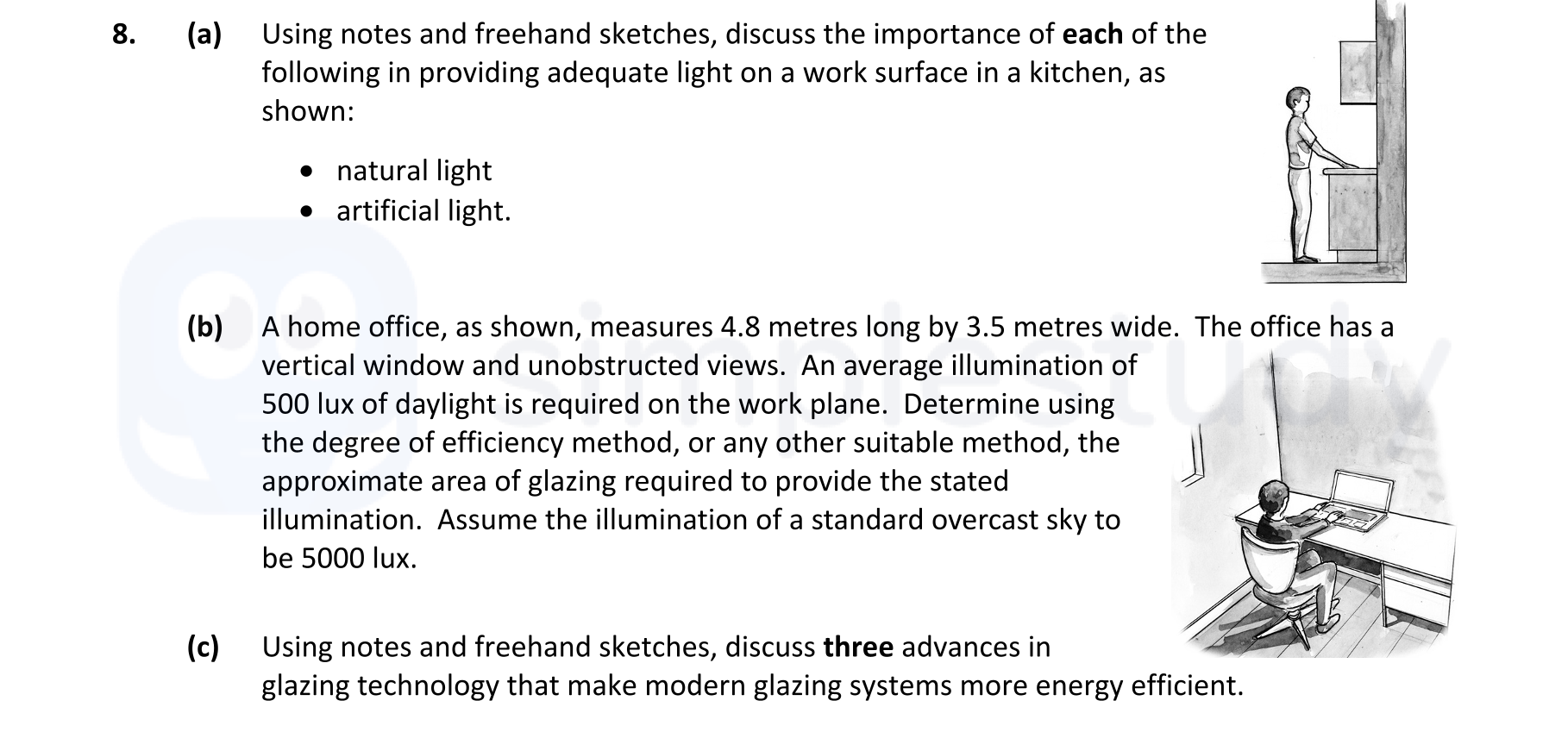 8.-(a)-Using-notes-and-freehand-sketches,-discuss-the-importance-of-each-of-the-following-in-providing-adequate-light-on-a-work-surface-in-a-kitchen,-as-shown:----natural-light---artificial-light-Leaving Cert Construction Studies-Question 8-2017.png