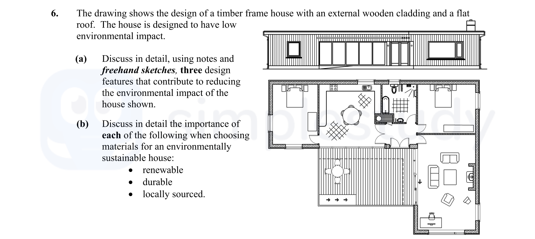 The-drawing-shows-the-design-of-a-timber-frame-house-with-an-external-wooden-cladding-and-a-flat-roof-Leaving Cert Construction Studies-Question 6-2010.png