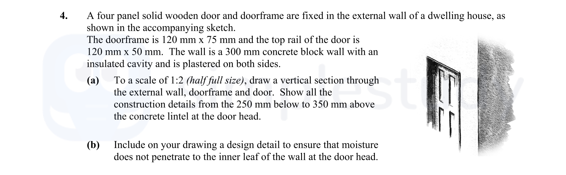 A-four-panel-solid-wooden-door-and-doorframe-are-fixed-in-the-external-wall-of-a-dwelling-house,-as-shown-in-the-accompanying-sketch-Leaving Cert Construction Studies-Question 4-2008.png