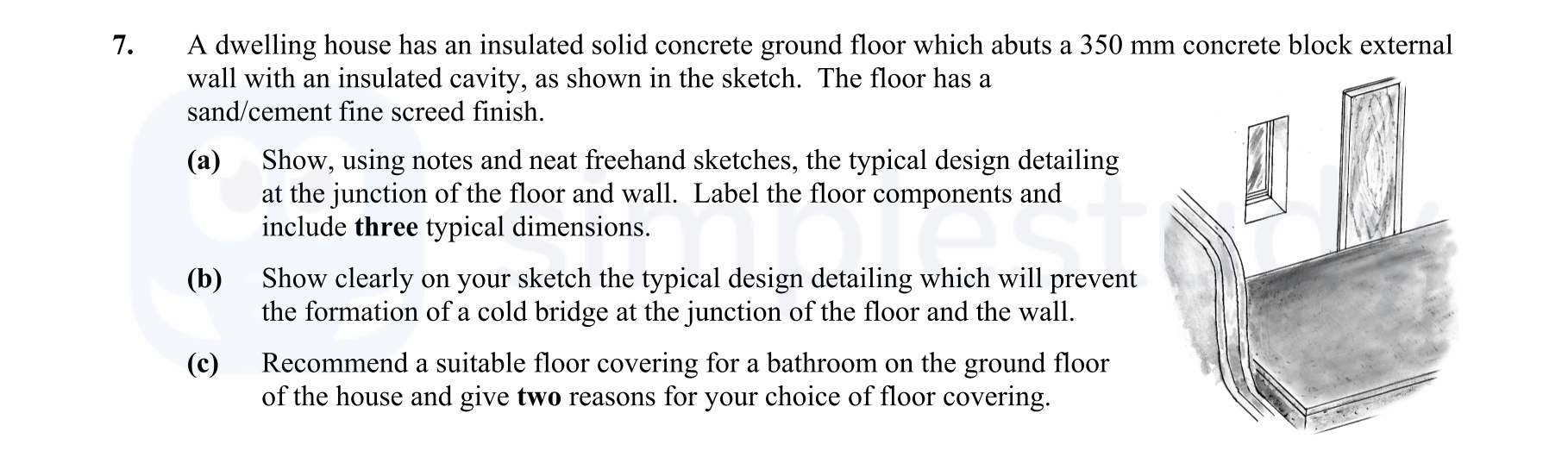 A-dwelling-house-has-an-insulated-solid-concrete-ground-floor-which-abuts-a-350-mm-concrete-block-external-wall-with-an-insulated-cavity,-as-shown-in-the-sketch-Leaving Cert Construction Studies-Question 7-2013.png