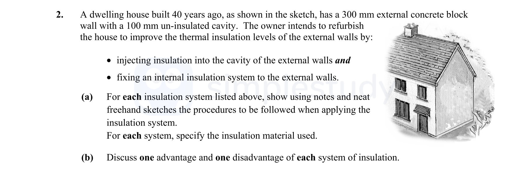 A-dwelling-house-built-40-years-ago,-as-shown-in-the-sketch,-has-a-300-mm-external-concrete-block-wall-with-a-100-mm-un-insulated-cavity-Leaving Cert Construction Studies-Question 2-2011.png