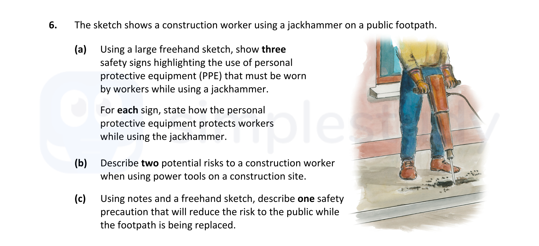The-sketch-shows-a-construction-worker-using-a-jackhammer-on-a-public-footpath-Leaving Cert Construction Studies-Question 6-2022.png