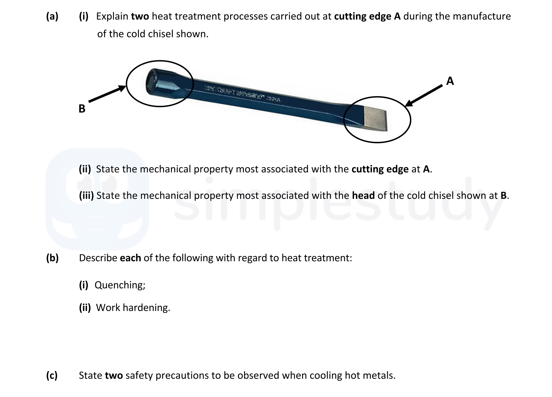 a)--(i)-Explain-two-heat-treatment-processes-carried-out-at-cutting-edge-A-during-the-manufacture-of-the-cold-chisel-shown-Leaving Cert Engineering-Question a-2019.png