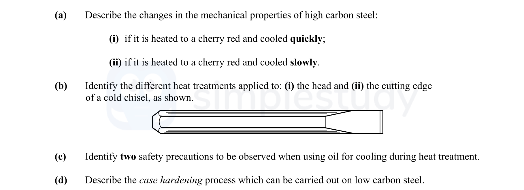 Describe-the-changes-in-the-mechanical-properties-of-high-carbon-steel:--(i)-if-it-is-heated-to-a-cherry-red-and-cooled-quickly;--(ii)-if-it-is-heated-to-a-cherry-red-and-cooled-slowly-Leaving Cert Engineering-Question Question 1-2008.png