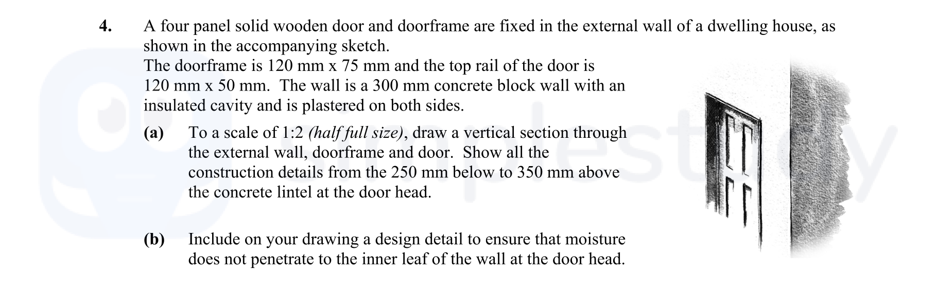 A-four-panel-solid-wooden-door-and-doorframe-are-fixed-in-the-external-wall-of-a-dwelling-house,-as-shown-in-the-accompanying-sketch-Leaving Cert Construction Studies-Question 4-2008.png