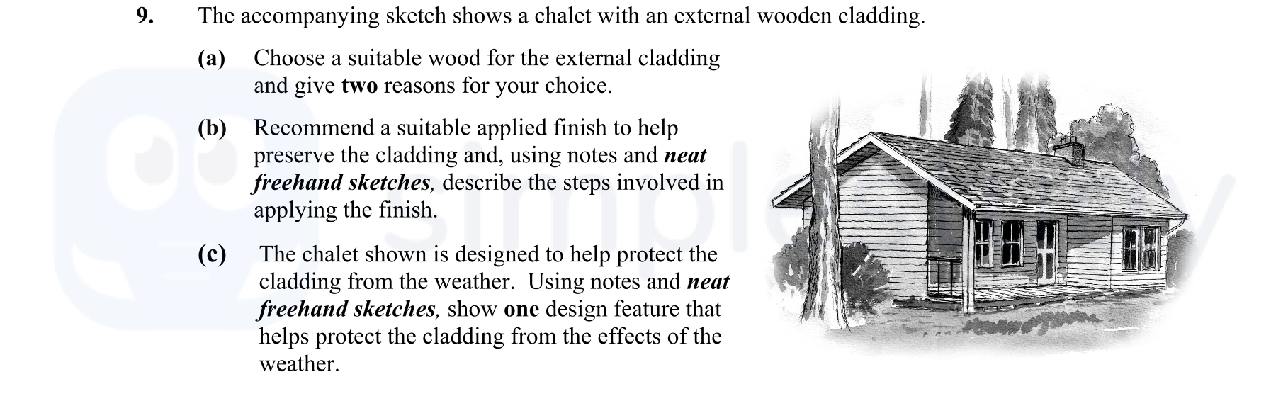 The-accompanying-sketch-shows-a-chalet-with-an-external-wooden-cladding-Leaving Cert Construction Studies-Question 9-2008.png