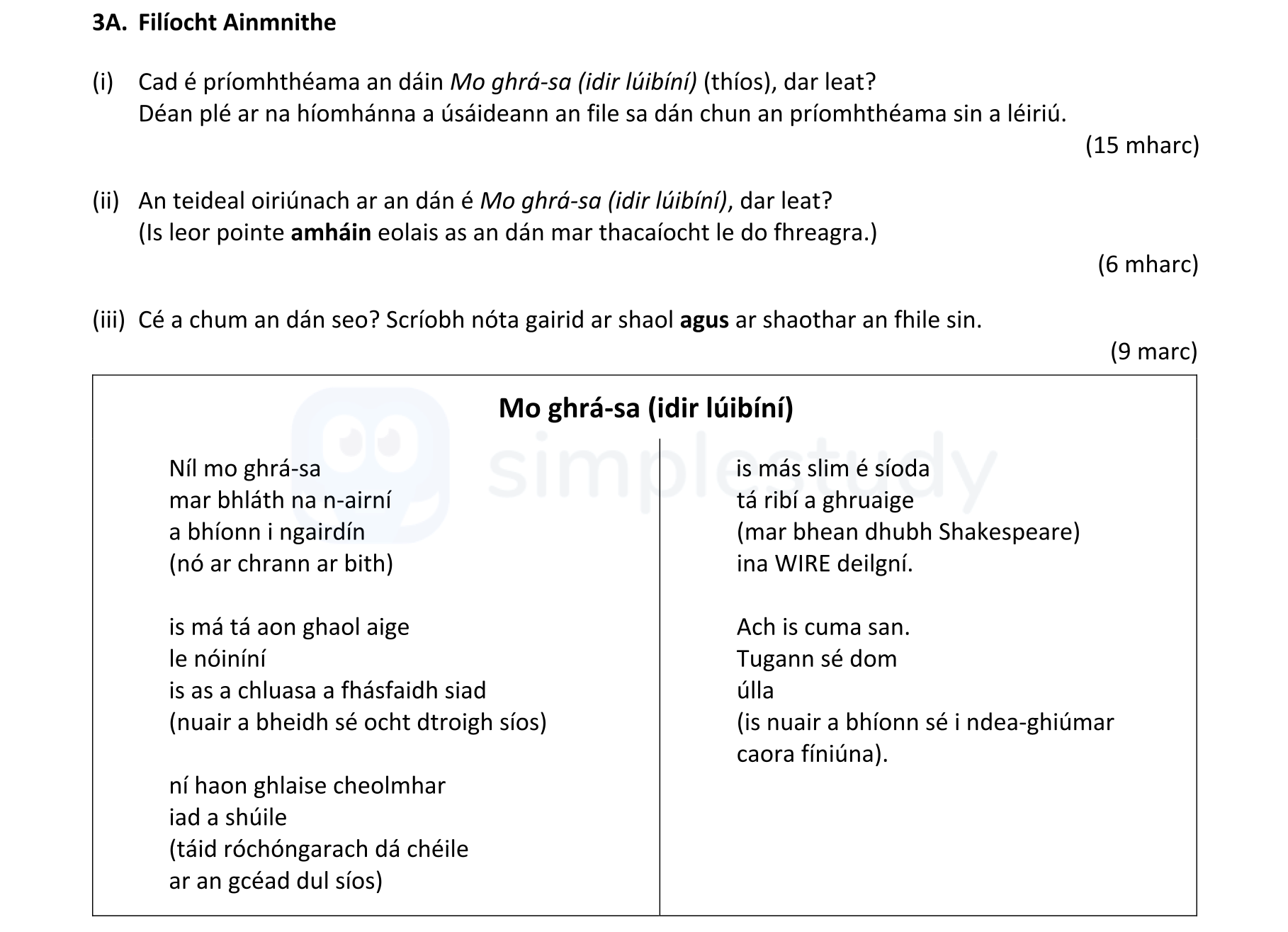 Cad-é-príomhtheama-an-dáin-Mo-ghrá-sa-(idir-lúibíní),-dar-leat?---Déan-plé-ar-na-hoidhreachtanna-a-úsáidtear-in-an-file-sa-dá-chon-ar-príomhtheama-sin-a-léiriú-Leaving Cert Irish-Question 3A-2020.png