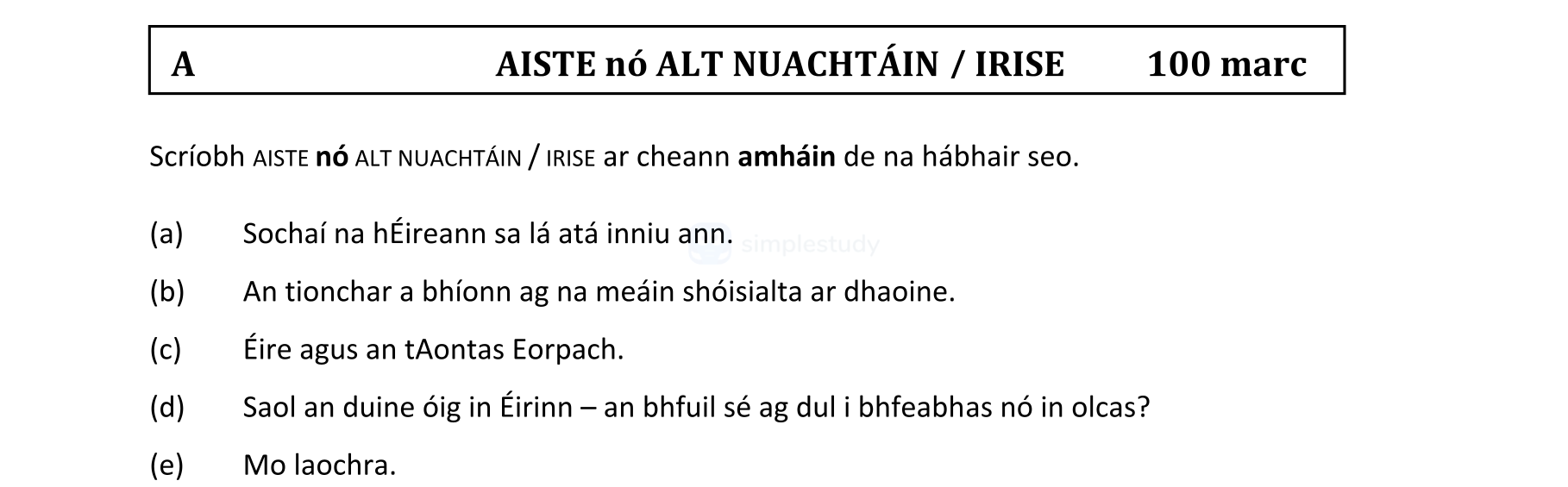 Scríobh-AISTE-nó-ALT-NUACHTAÍN-/-IRISE-ar-cheanamh-de-na-hábhair-seo-Leaving Cert Irish-Question A-2022.png