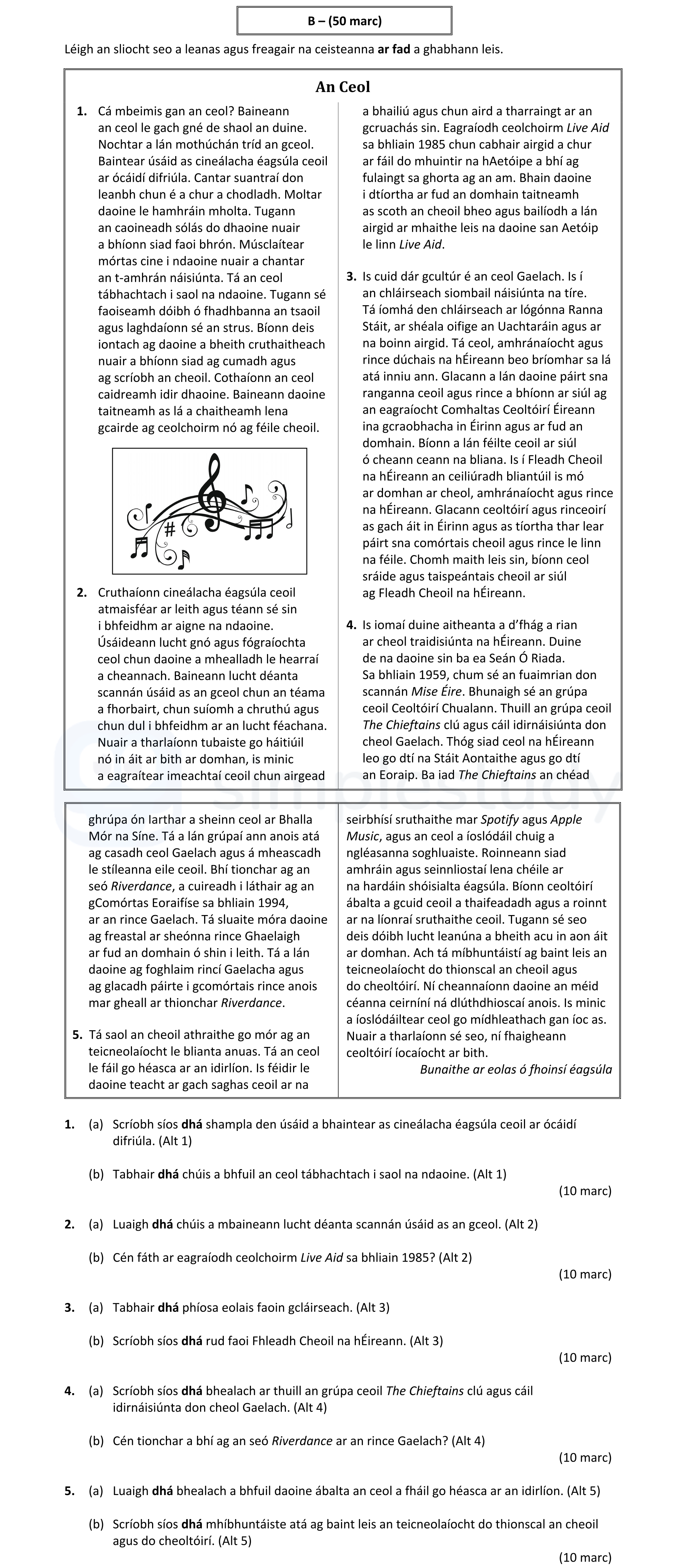 Cá-mbéilinn-gan-ceol?-Bainneann-ceol-le-gach-saghas-duine-Leaving Cert Irish-Question 1-2022.png
