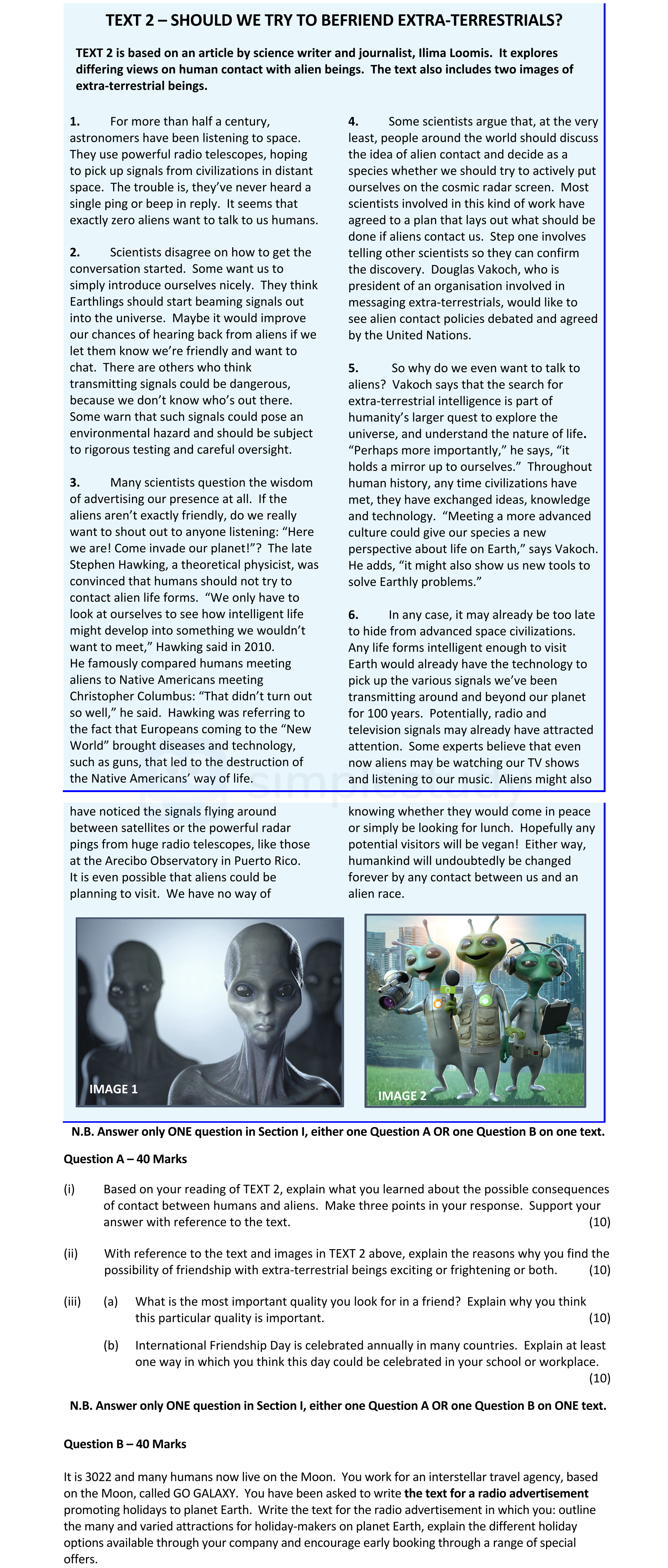 Based-on-your-reading-of-TEXT-2,-explain-what-you-learned-about-the-possible-consequences-of-contact-between-humans-and-aliens-Leaving Cert English-Question 1-2022.png