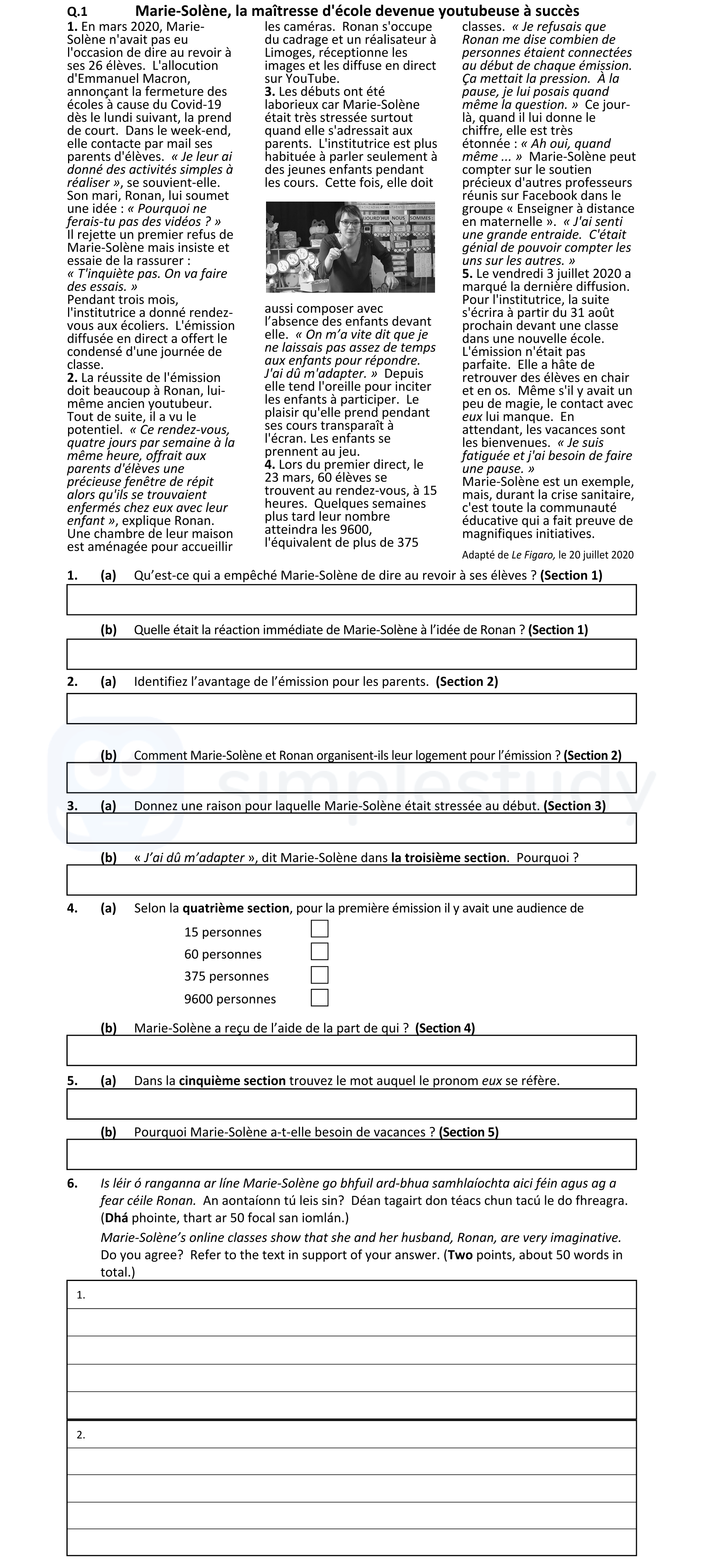 1.-(a)-Qu'est-ce-qui-a-empêché-Marie-Solène-de-dire-au-revoir-à-ses-élèves-?-(Section-1)--En-mars-2020,-Marie-Solène-n’avait-pas-eu-l’occasion-de-dire-au-revoir-ses-26-élèves-Leaving Cert French-Question 1-2021.png