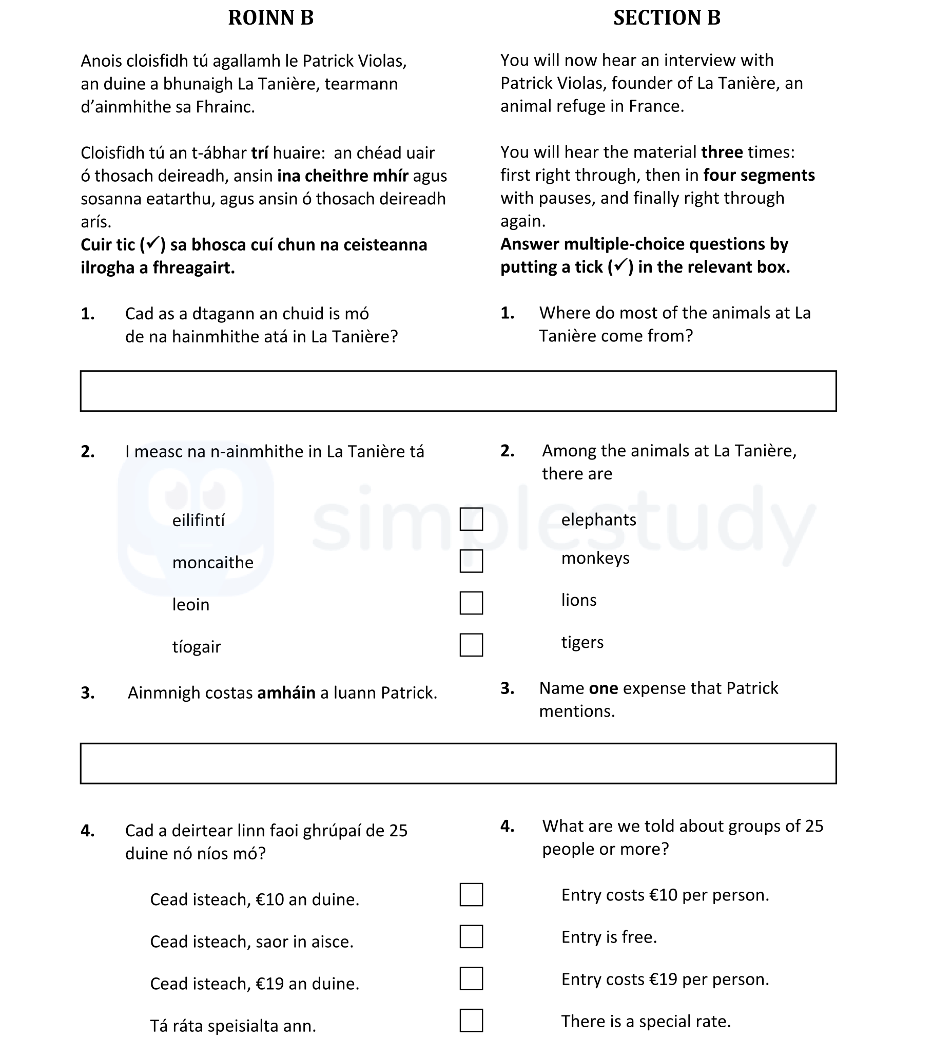 Where-do-most-of-the-animals-at-La-Tanière-come-from?--Among-the-animals-at-La-Tanière,-there-are--Name-one-expense-that-Patrick-mentions-Leaving Cert French-Question 1-2022.png