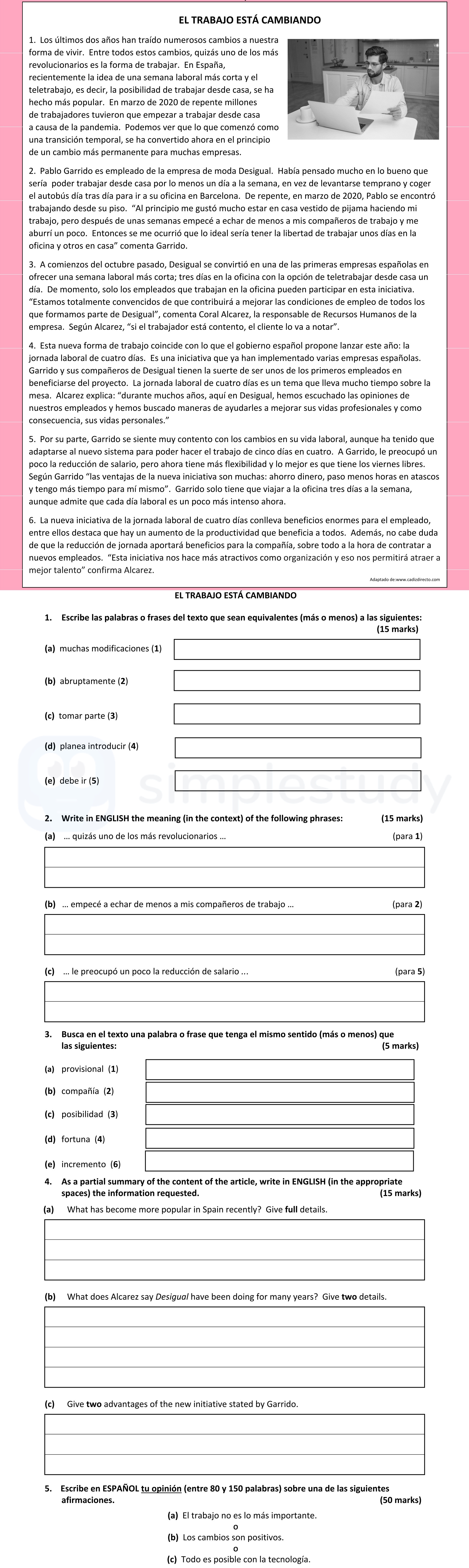 1.-Escribe-las-palabras-o-frases-del-texto-que-sean-equivalentes-(más-o-menos)-a-las-siguientes:--(15-marks)--(a)-muchas-modificaciones--(b)-abruptamente--(c)-participar--(d)-planea-introducir--(e)-debe-ir--2-Leaving Cert Spanish-Question 1-2022.png