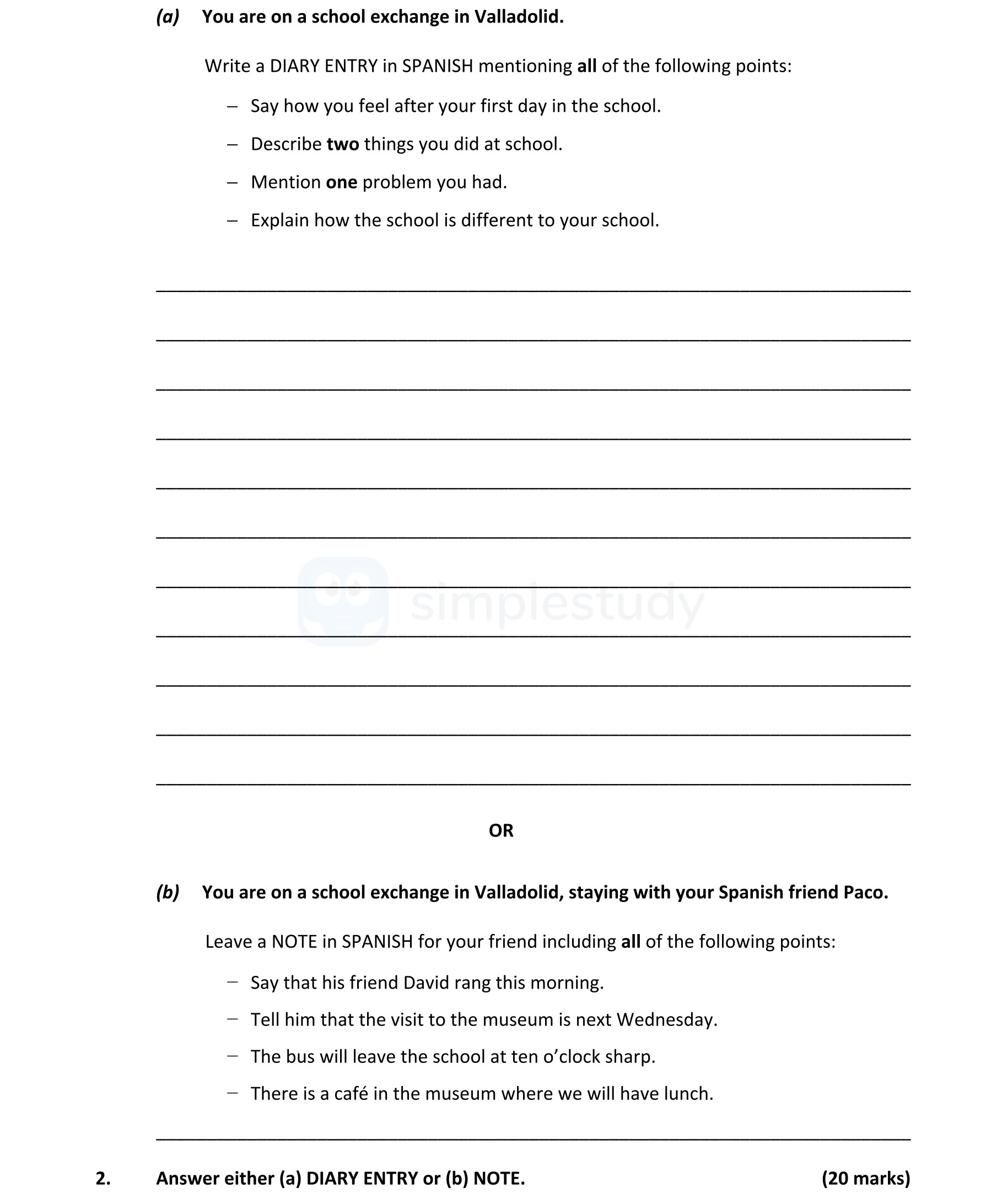 You-are-on-a-school-exchange-in-Valladolid-Leaving Cert Spanish-Question 2-2020.png
