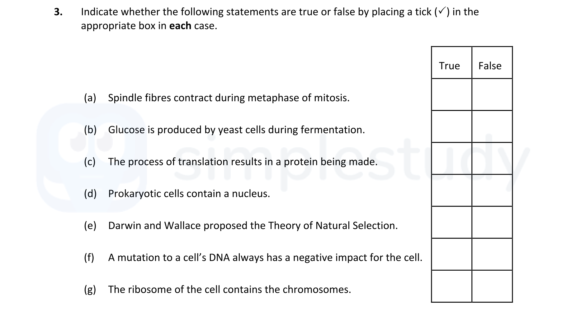 Indicate-whether-the-following-statements-are-true-or-false-by-placing-a-tick-(✔)-in-the-appropriate-box-in-each-case-Leaving Cert Biology-Question 3-2020.png