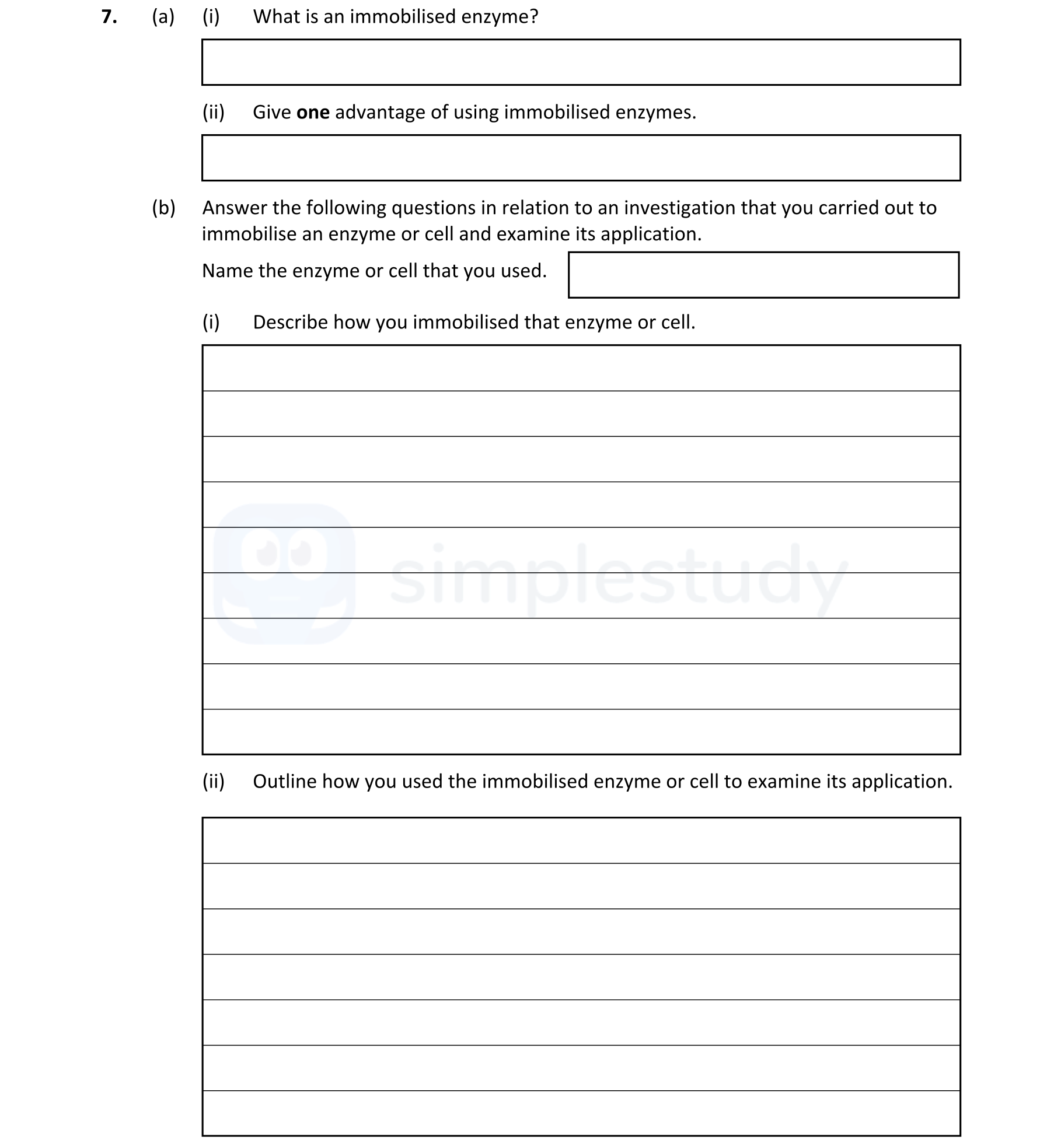 7.-(a)-(i)-What-is-an-immobilised-enzyme?---(ii)-Give-one-advantage-of-using-immobilised-enzymes-Leaving Cert Biology-Question 7-2020.png