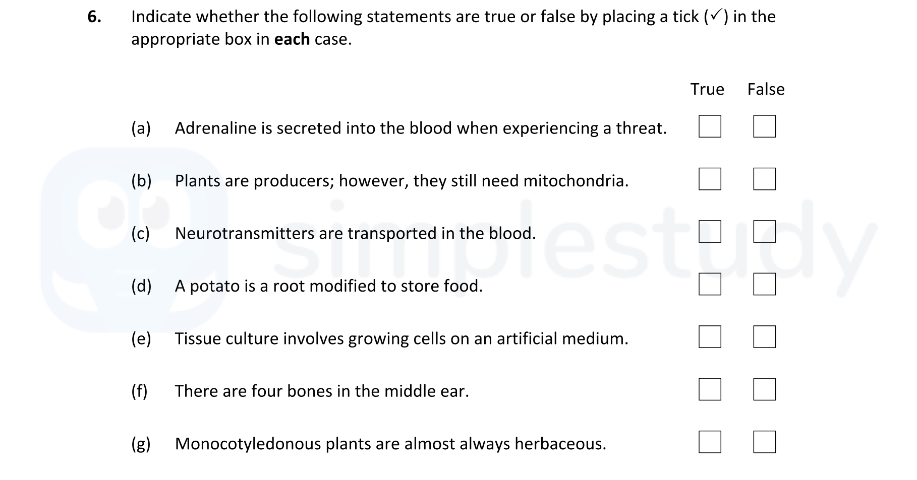 Indicate-whether-the-following-statements-are-true-or-false-by-placing-a-tick-(✓)-in-the-appropriate-box-in-each-case-Leaving Cert Biology-Question 6-2021.png