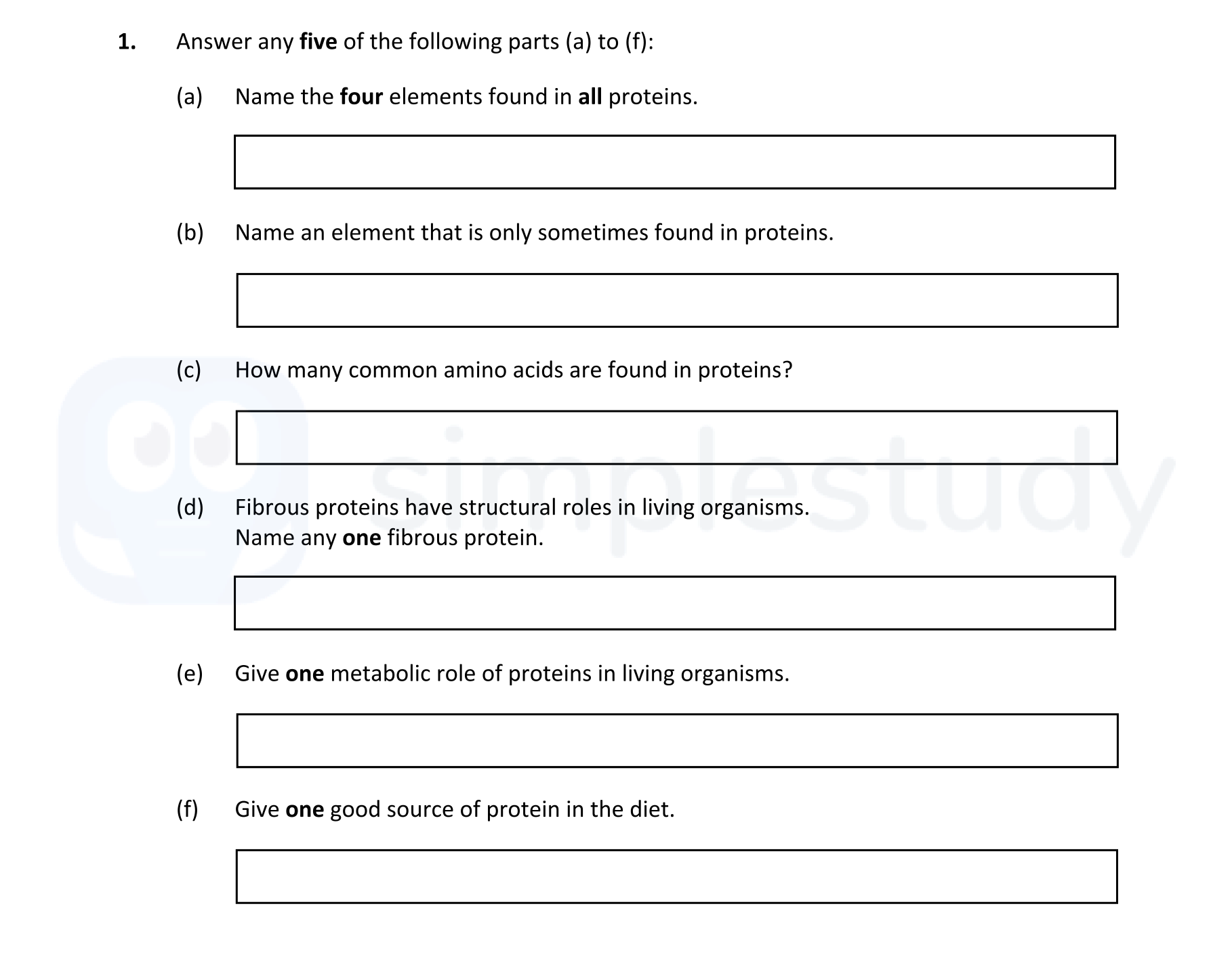 Answer-any-five-of-the-following-parts-(a)-to-(f):--(a)-Name-the-four-elements-found-in-all-proteins-Leaving Cert Biology-Question 1-2022.png