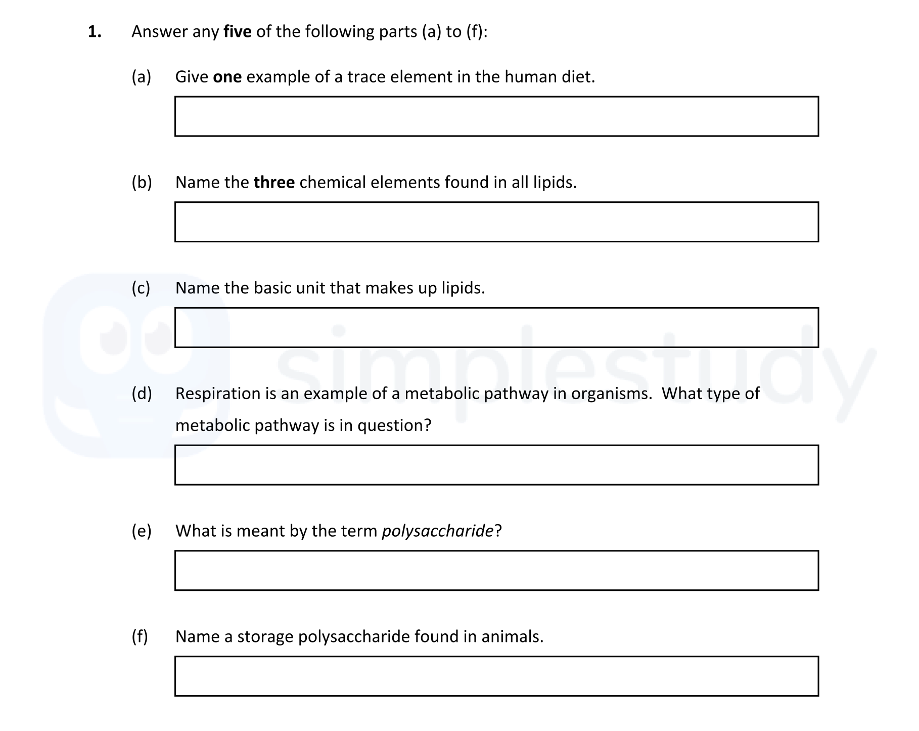Answer-any-five-of-the-following-parts-(a)-to-(f):--(a)-Give-one-example-of-a-trace-element-in-the-human-diet-Leaving Cert Biology-Question 1-2020.png