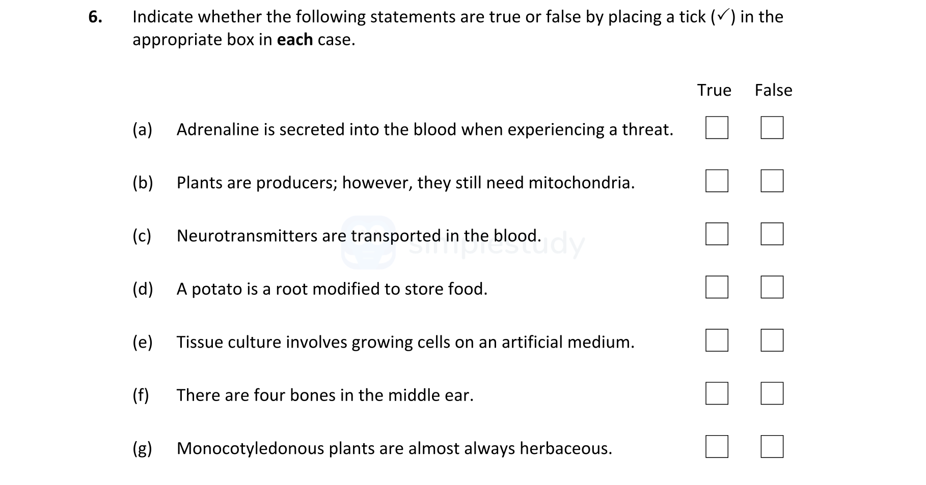 Indicate-whether-the-following-statements-are-true-or-false-by-placing-a-tick-(✓)-in-the-appropriate-box-in-each-case-Leaving Cert Biology-Question 6-2021.png